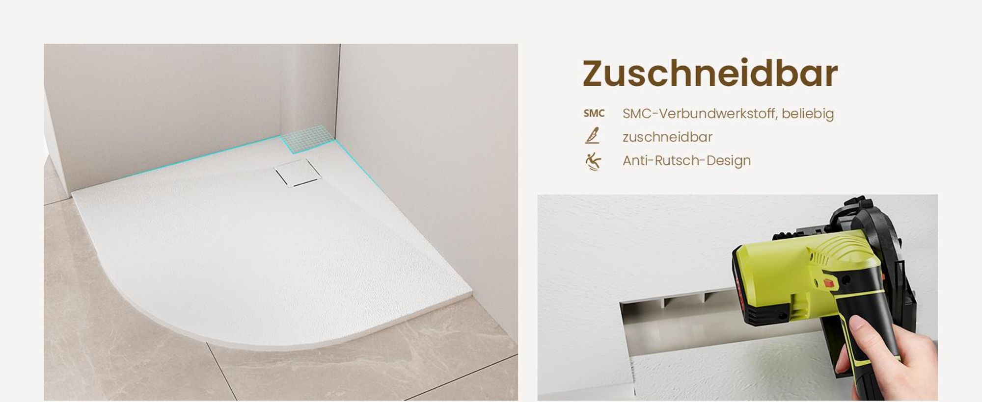 EMKE Duschwanne 90x90cm Duschtasse mit Rutschfeste Flach Brausewanne Schneidbar Weiß Fächerförmige Brausewanne SMC Steinoptik