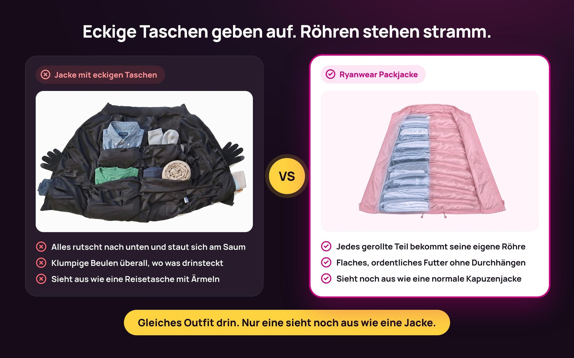 Vergleich: durchhängende Jacke mit eckigen Taschen vs. Ryanwear Packjacke mit Röhrentaschen