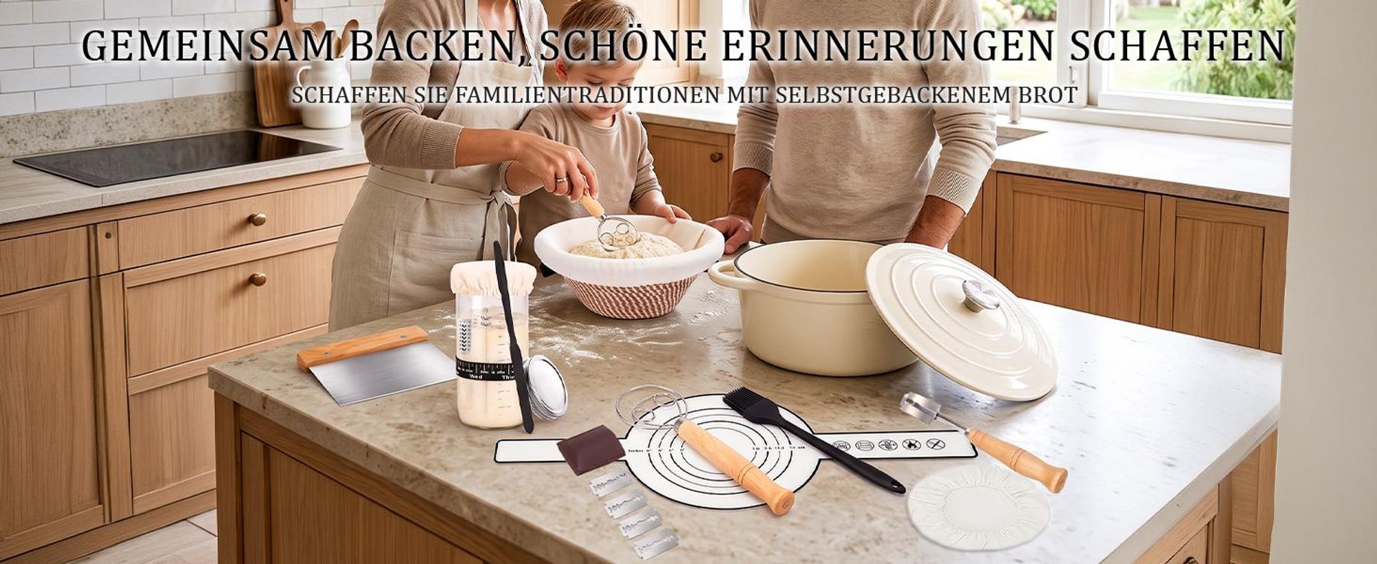 Brotbackset mit Gusseisentopf 4,6 L Ø 26 cm, emaillierter Brotbacktopf mit Deckel, Gärkörbchen 23 cm & Sauerteig-Starterset, Cremeweiß