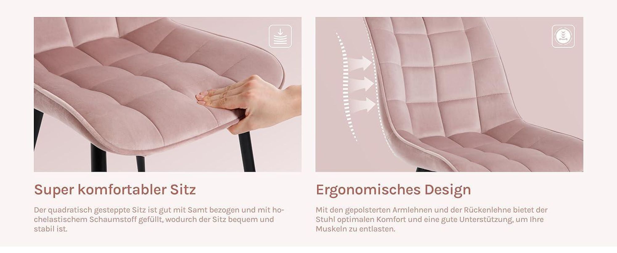 WOLTU Esszimmerstühle 4er-Set, Polsterstuhl mit Rückenlehne, bis 150 kg belastbar, Sitzfläche aus Samt, Metallbeine, Rosa