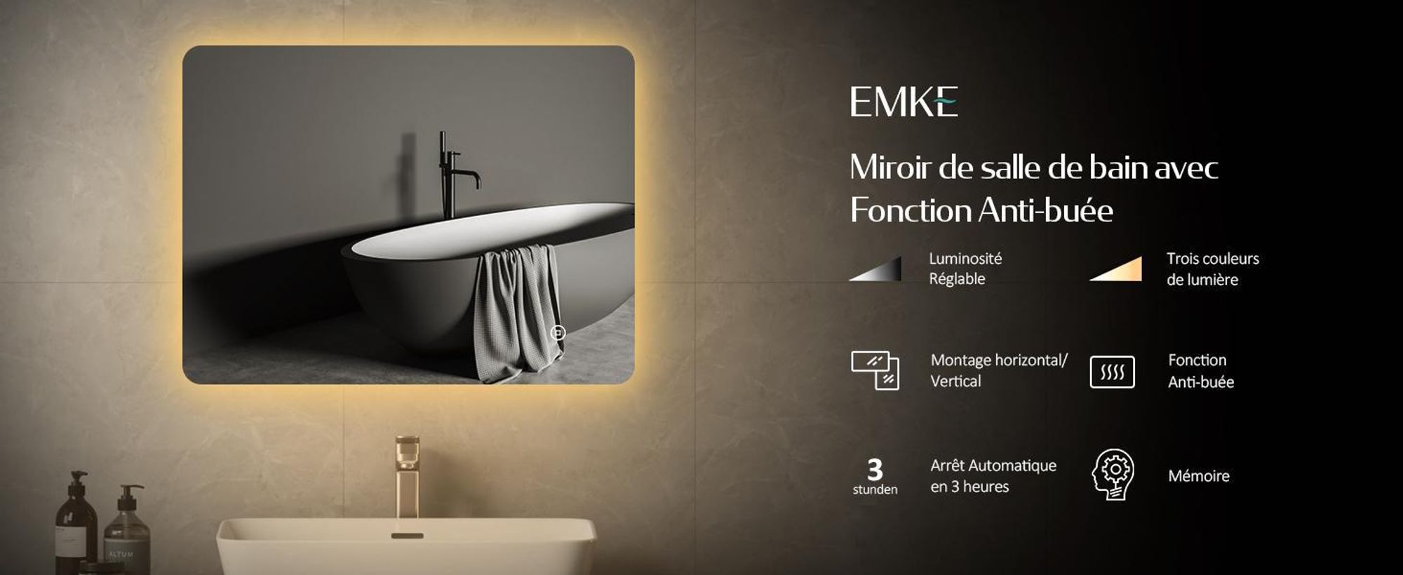 EMKE Miroir de salle de bain LED 80x60cm avec éclairage 3 couleurs de lumière blanc froid neutre blanc chaud antibuée Miroir de salle de bain lumineux avec interrupteur tactile
