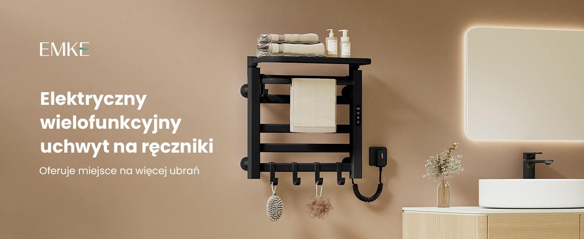 EMKE Grzejnik łazienkowy elektryczny 500x500 mm, 140W, dwurzędowy, płaskie rurki, półka i haki, WiFi Tuya Alexa, czarny mat