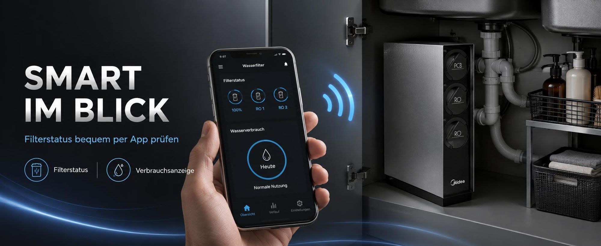 Wasserfilter Midea 600GPD Smart WiFi, tankloses Umkehrosmose System, 3 stufige Filterung, Direct Flow, 2270 l pro Tag