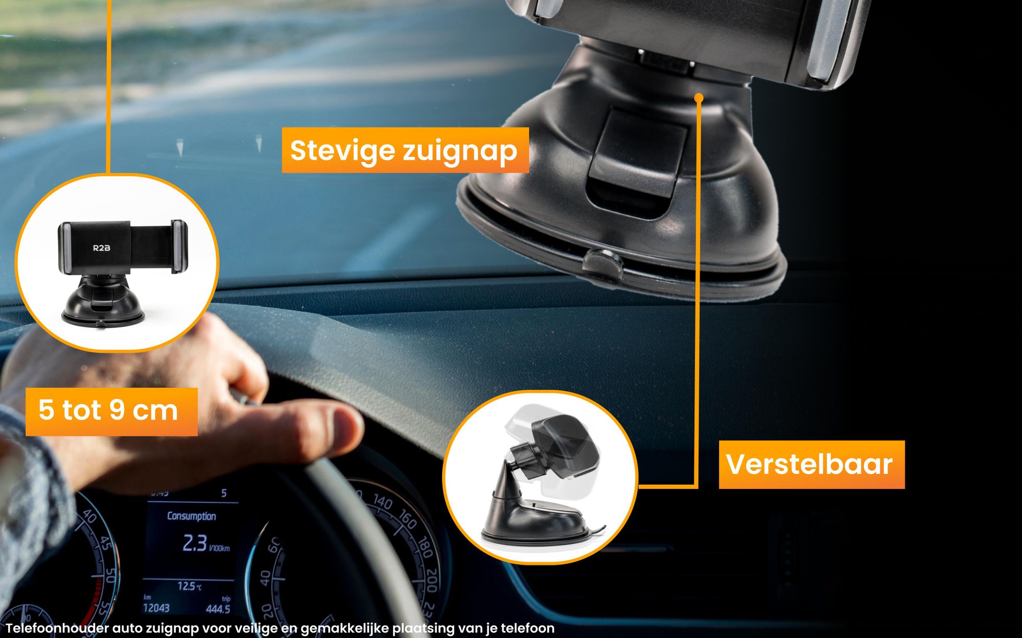 R2B Compacte Telefoonhouder Auto met Zuignap – Voor Raam en Dashboard – Universele GSM Houder