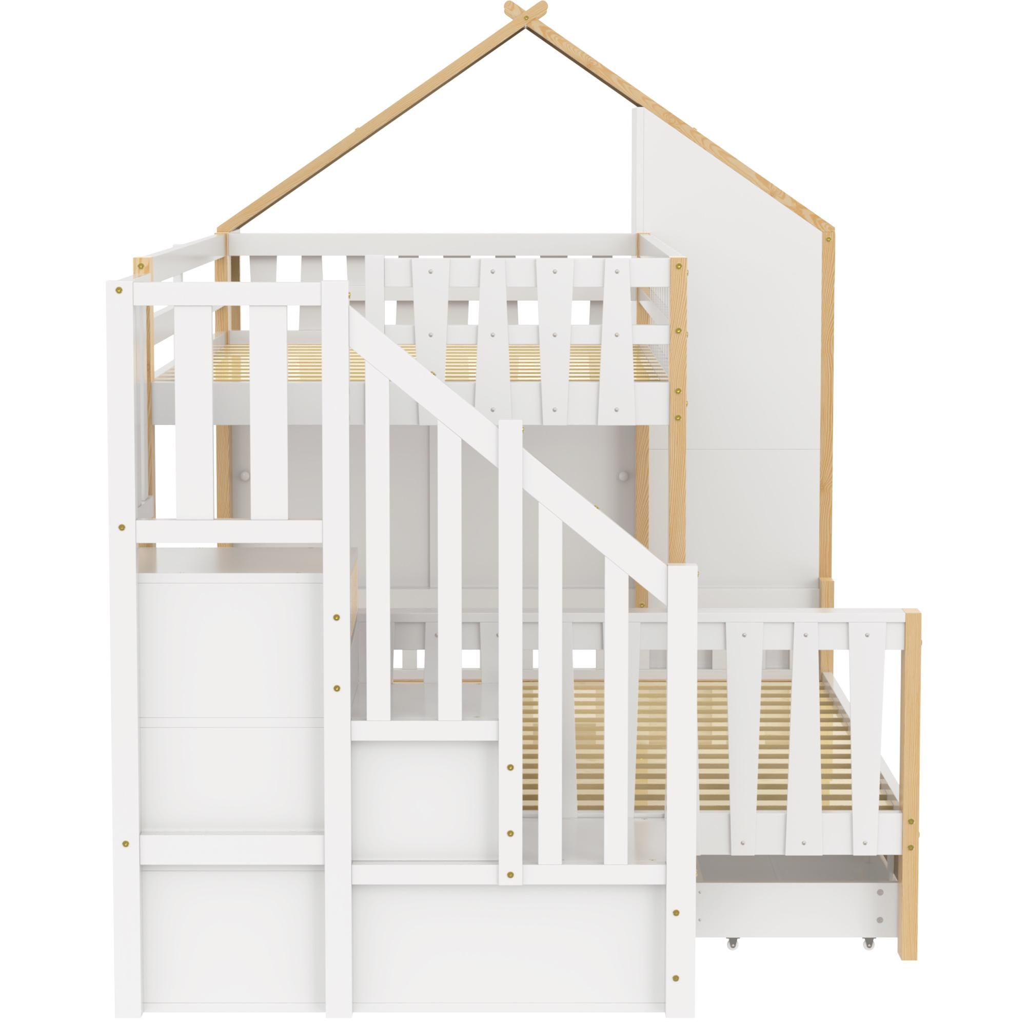 Flieks Etagenbett 90x200cm / 140x200cm, Kinderbett Hochbett mit Schubladen, Hausbett mit seitlichem Regal, Stockbett Holzbett 2 Kinder, Naturbelassen