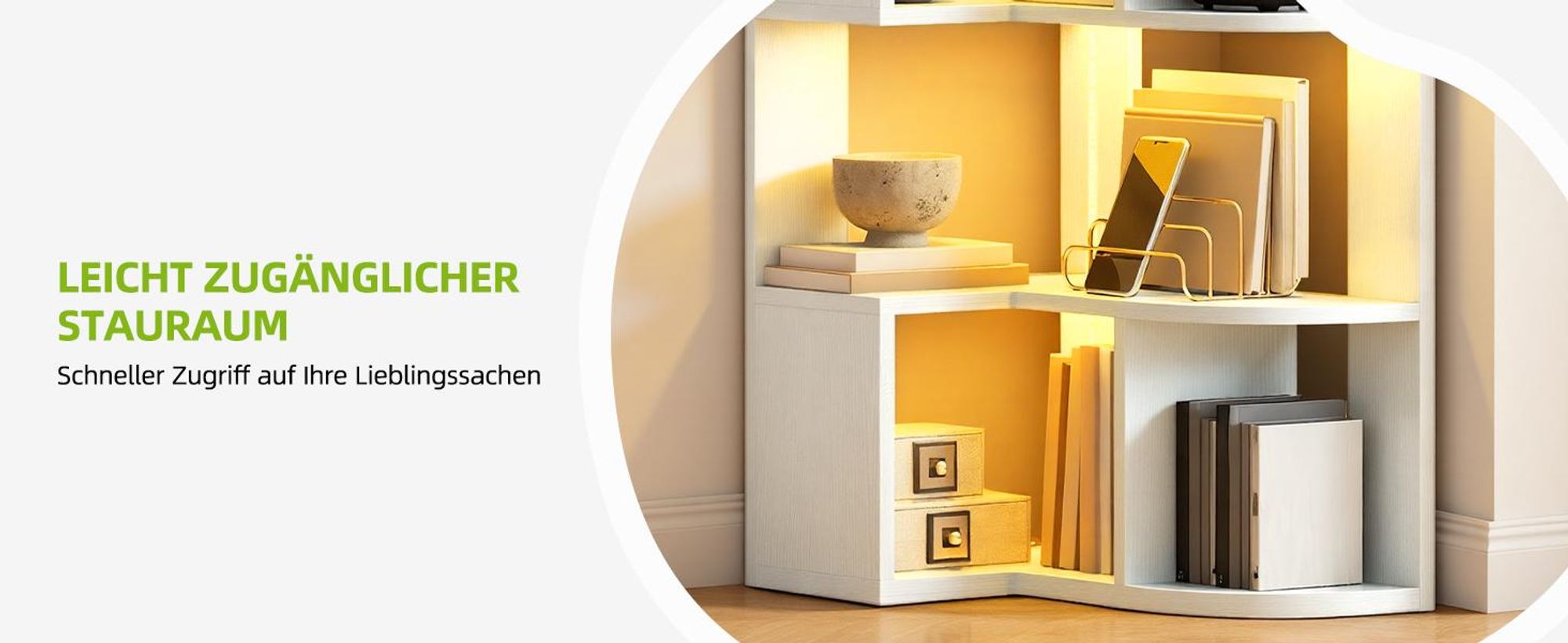 YITAHOME Bücherregal mit LED, Eckregal mit 6 Ebenen, 64 x 41,5 x 160 cm, Lagerregal, Standregal, Weiß