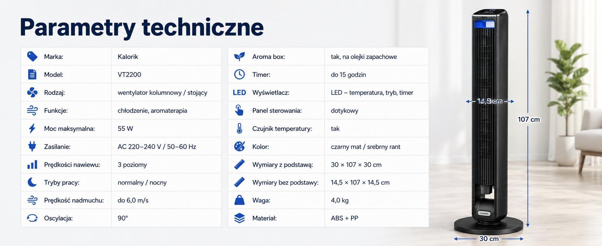 Wentylator Kolumnowy Stojący Podłogowy Wiatrak Aromaterapia Cichy Mocny 55W Vt2200