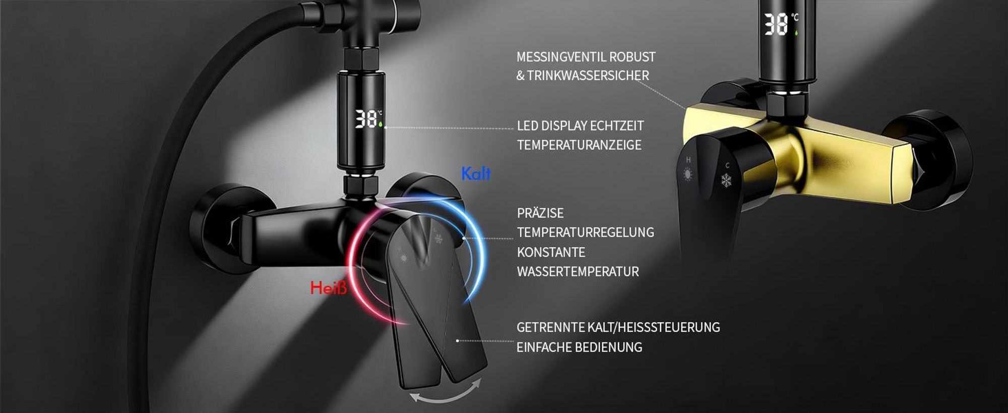 Homelody Duschsystem mit armatur, duscharmatur komplettset mit LED-Anzeige, regendusche mit 250MM kopfbrause und Handbrause, Schwarz