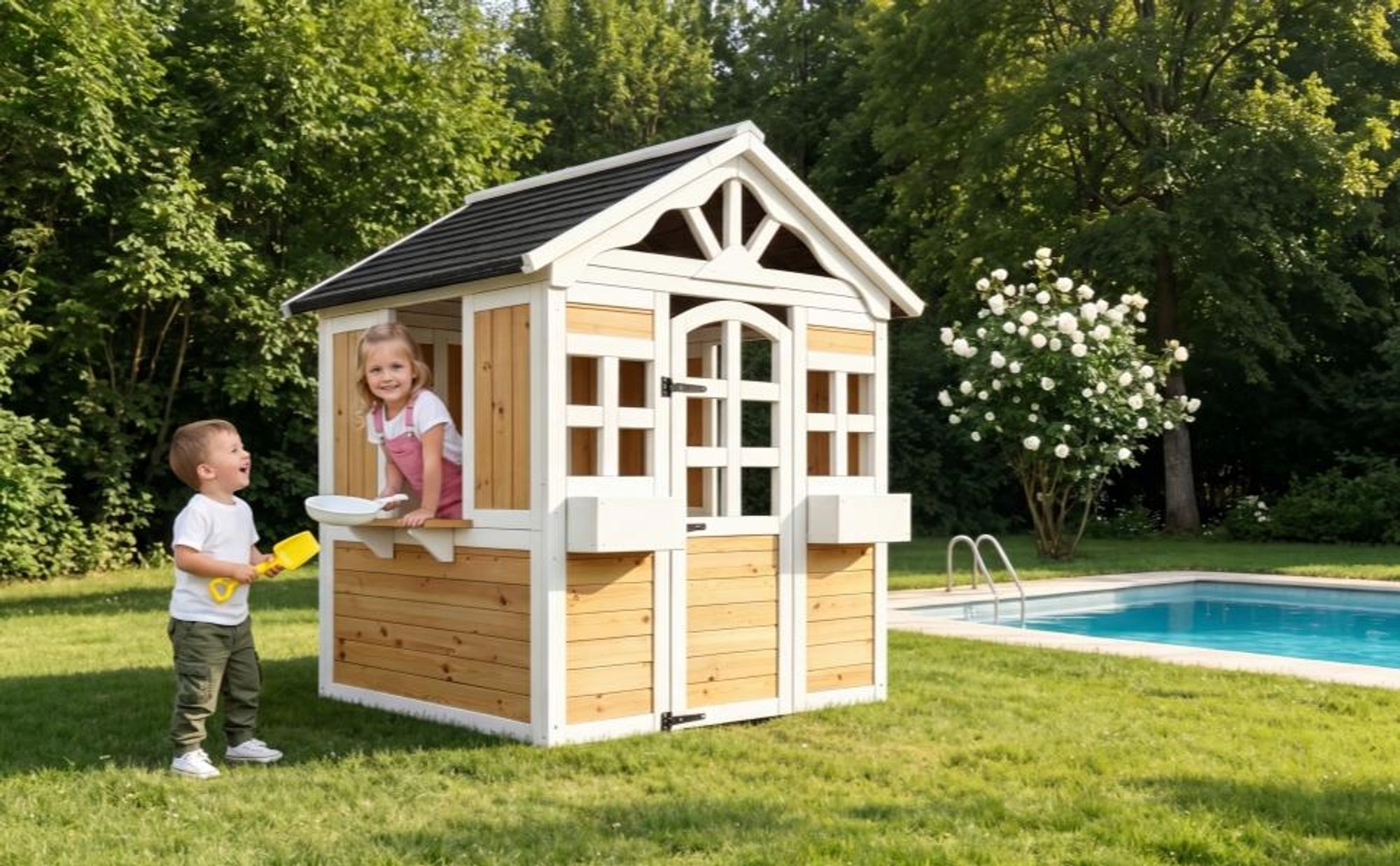 Merax Garten Kinderspielhaus aus Holz Spielhaus, Kinder Outdoor, Gartenspielhaus mit Türen Und Fenstern, Baumhaus Für Garten, Wetterfest, Natur