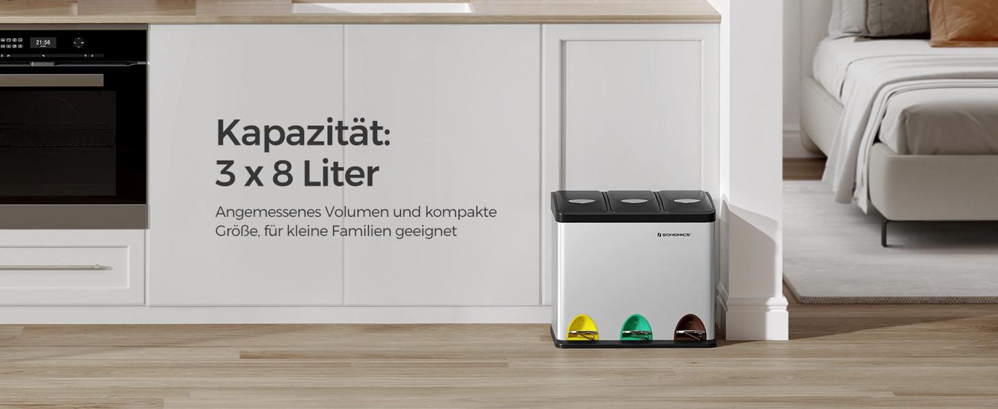 SONGMICS Mülleimer 24L Edelstahl Abfalleimer Inneneimer 3 x 8L Treteimer