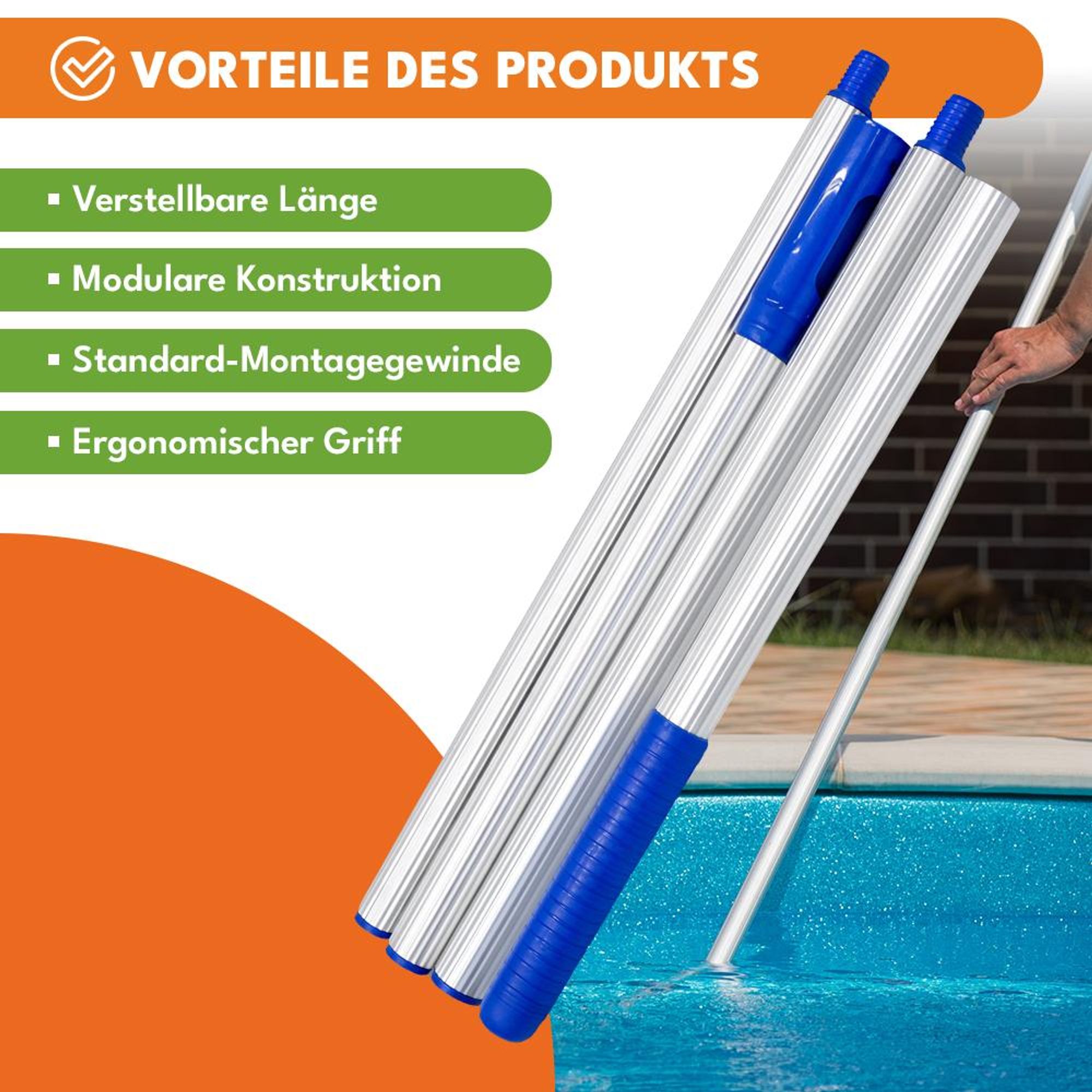 KRUMAD Teleskopstange aus Aluminium für Poolkescher und Reinigungsnetz, 153 cm, leicht & robust, Poolreinigungszubehör, kompatibel mit Zubehör