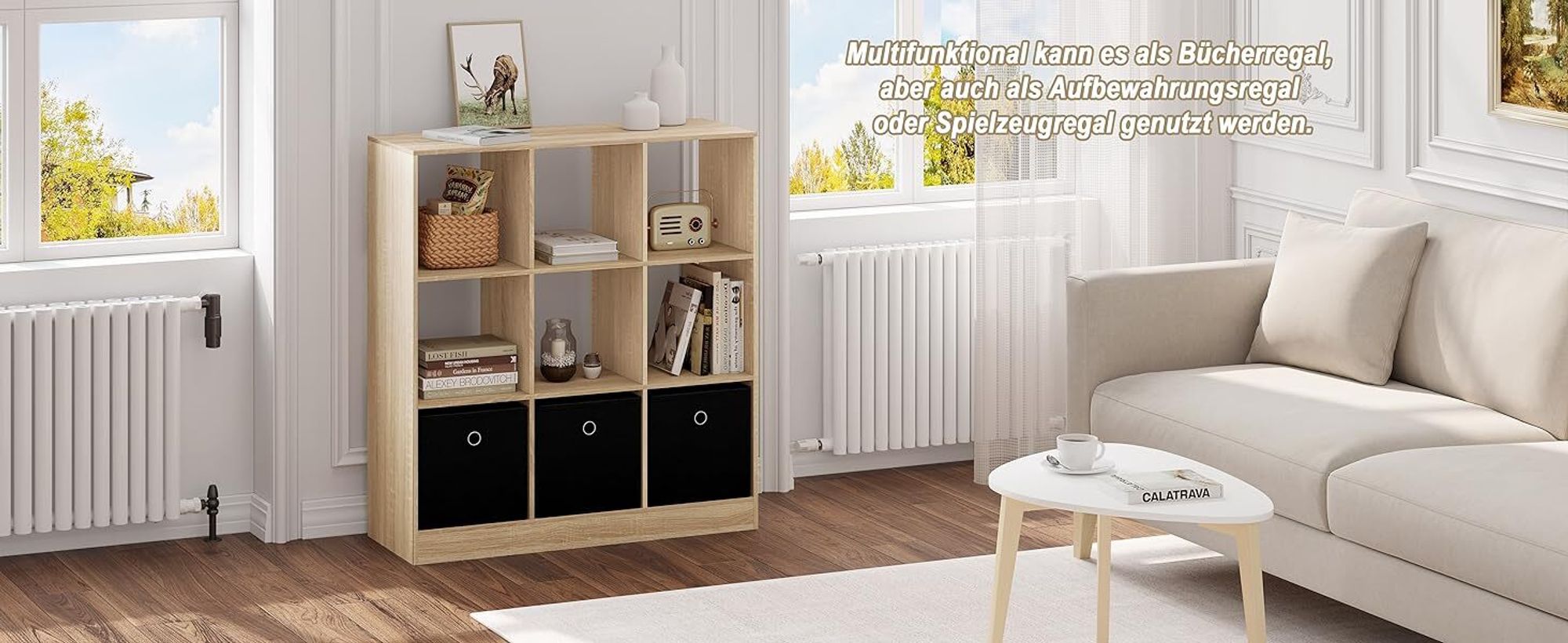 WOLTU Bücherregal Standregal, mit 9 Fächern 3 Schubladen, aus Vliesstoff, Eiche