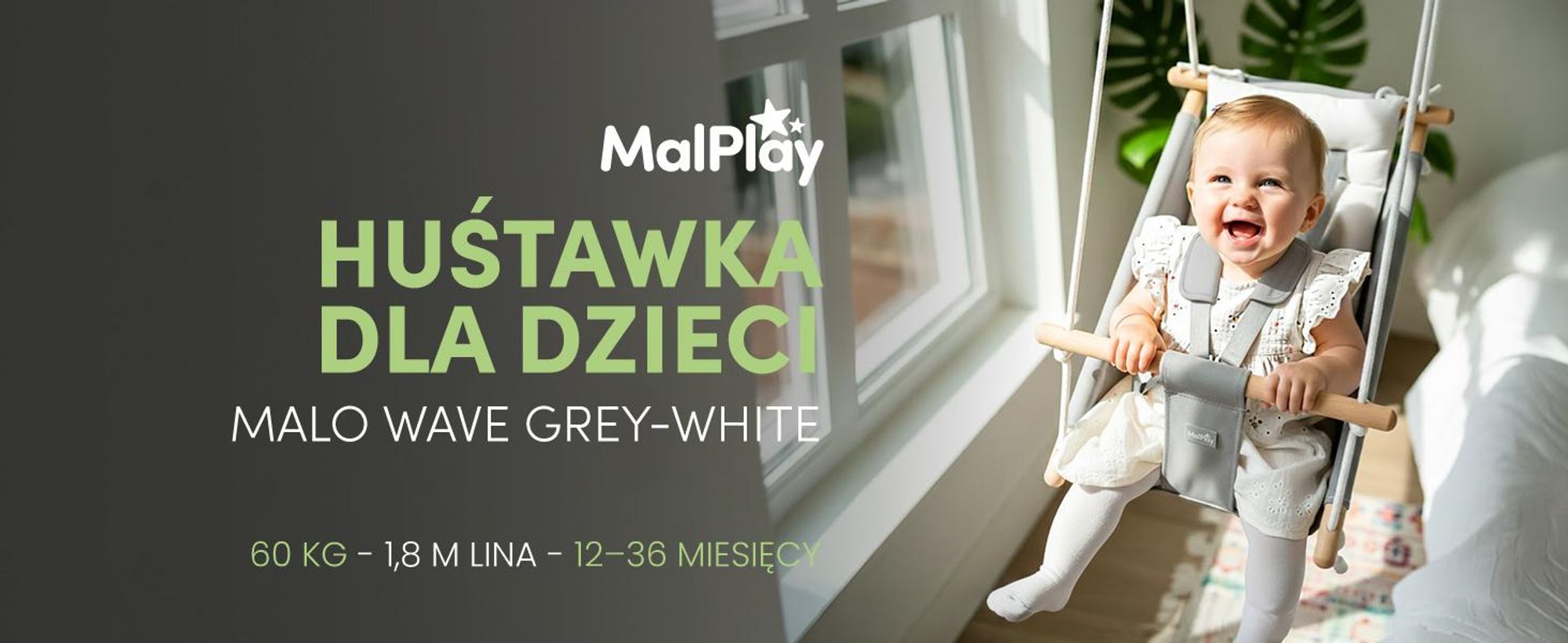Huśtawka dla niemowląt, hamak, leżaczek Malplay 3 w 1 z regulowanym pasem bezpieczeństwa do 60 kg, Malo Wave, szaro-biały