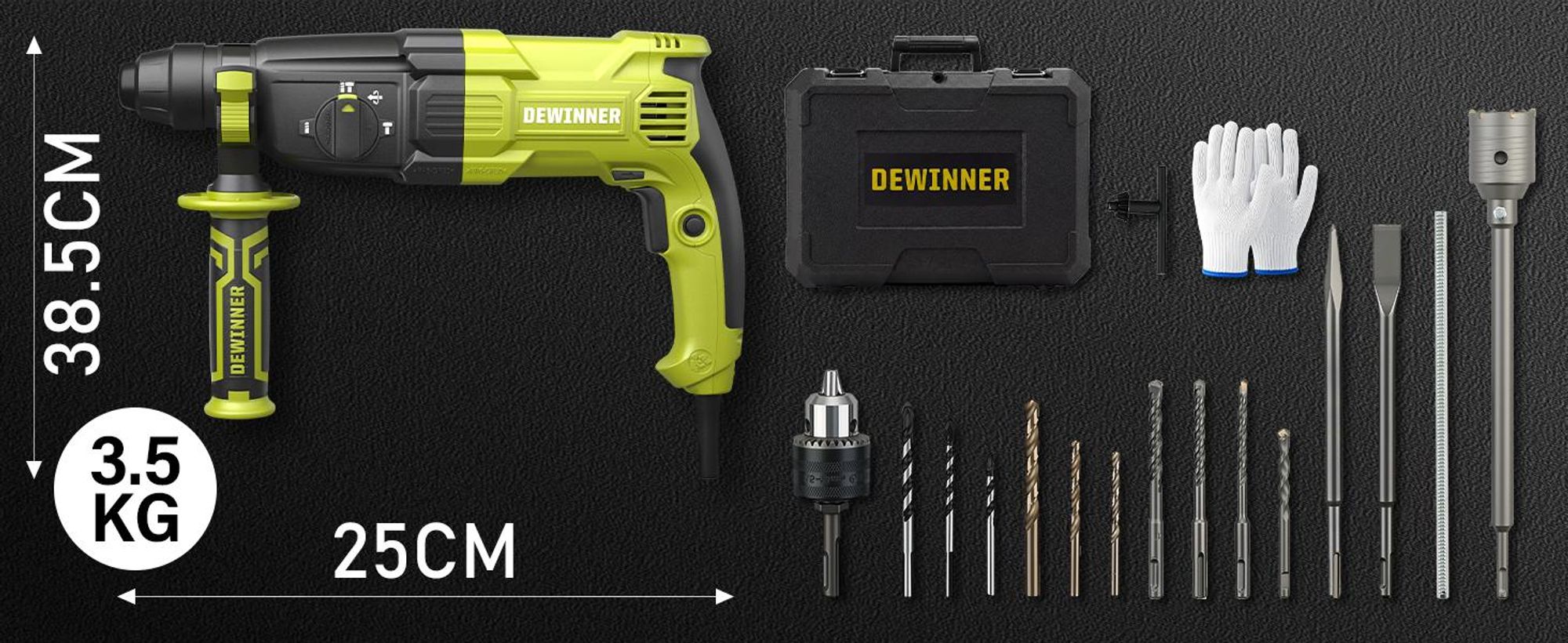 DEWINNER Bohrhammer, 1100 W, 3,4 J, Bohrhammer 0 – 1500 U/5500 BPM mit 4 Funktionen und Sicherheitskupplung, 20 Zubehörteile, variable Geschwindigkeit