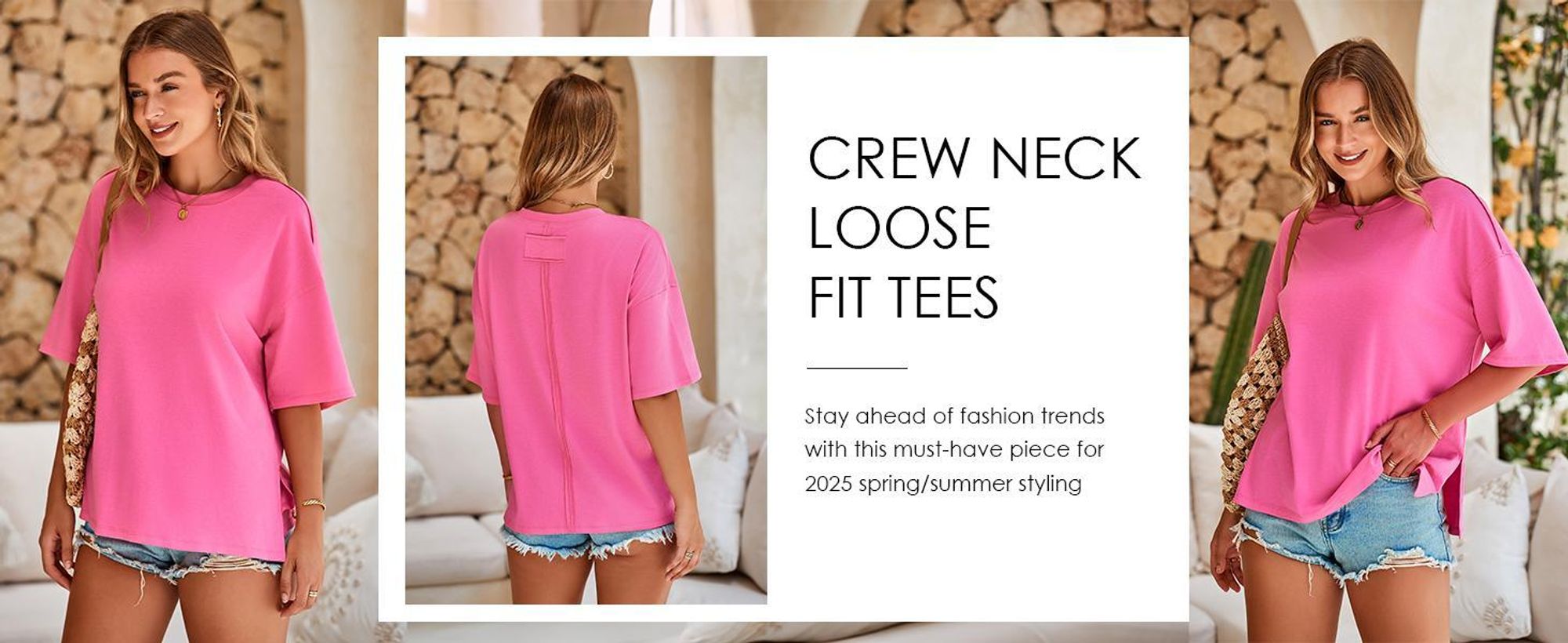 Locker sitzendes Damen-T-Shirt, kurze Ärmel, Rundhalsausschnitt, Seitenschlitze