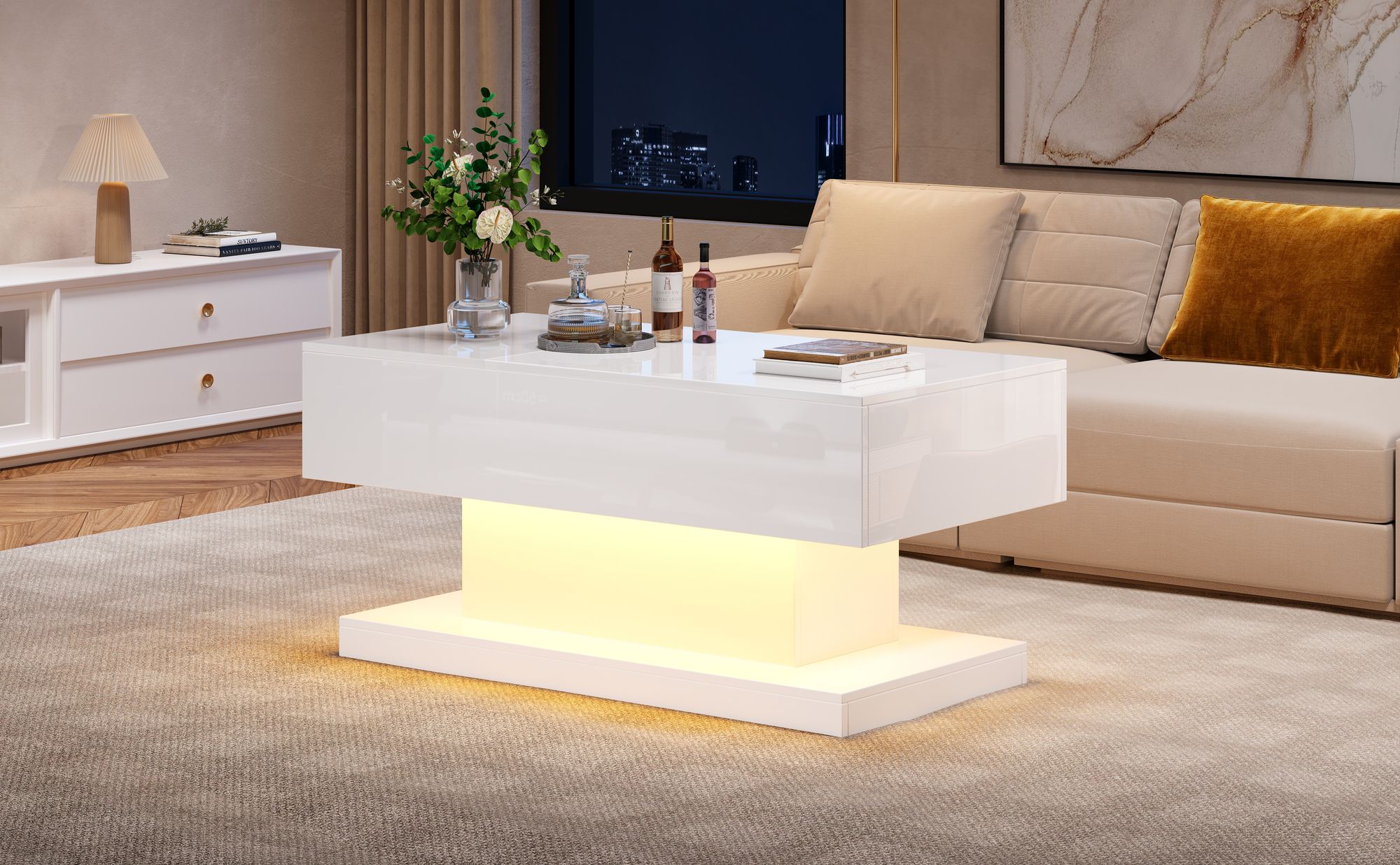 okwish Hochglanz-Lift-Teetisch 100x50x45 cm mit LED-Beleuchtung, Couchtisch mit hydraulischer Lift und Stauraum, Weiß