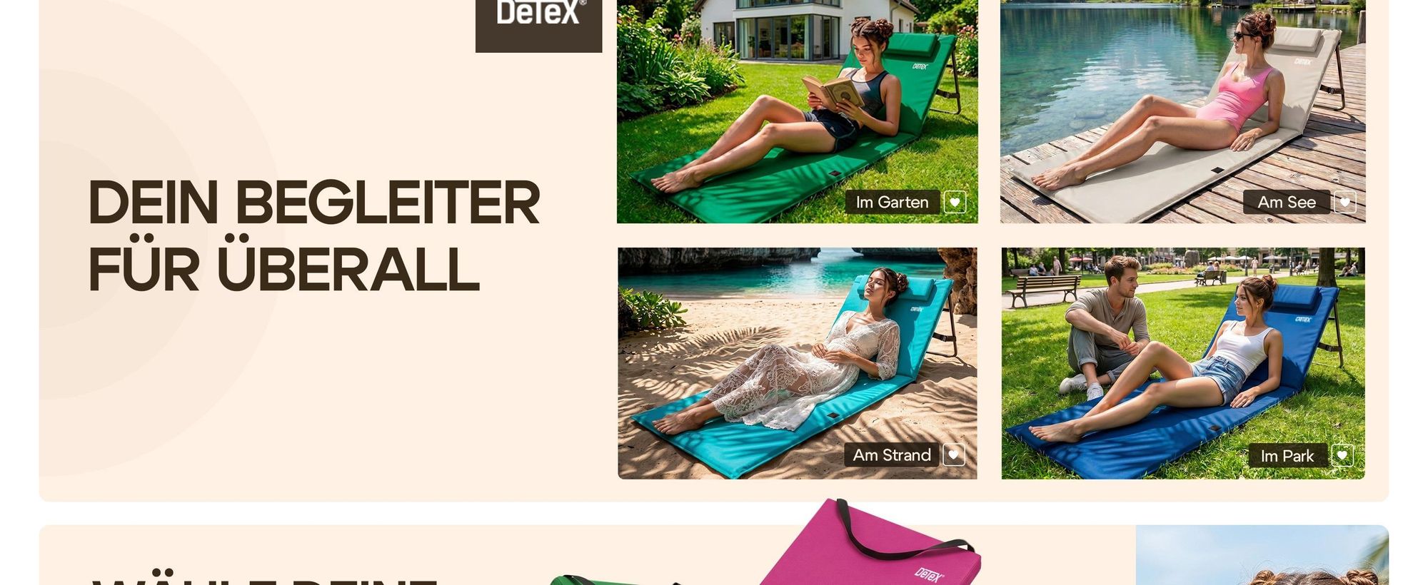 DETEX® Strandmatte mit Rückenlehne, gepolstert, faltbar, 2er-Set, Türkis
