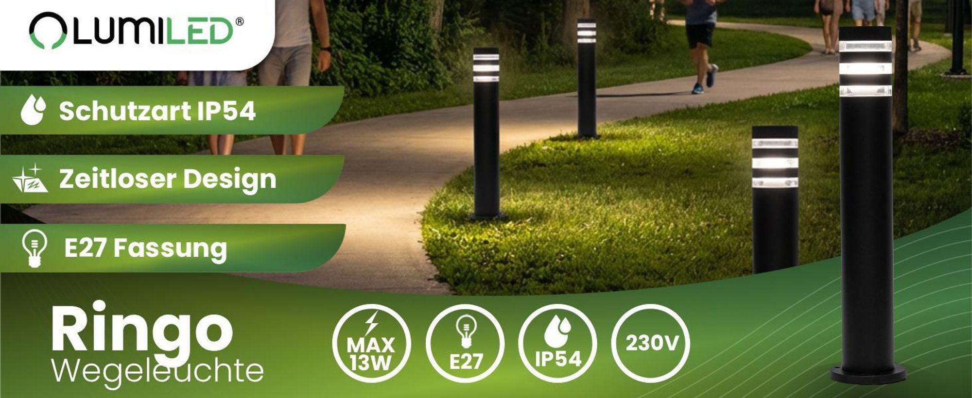 LUMILED Wegeleuchte Außen 40 cm E27 Fassung IP54 Spritzwasserdicht Schwarz, Pollerleuchte Gartenleuchte Stehlampe für Terrasse und Wege, Außenleuchte aus Aluminium, max. 13W Außenbeleuchtung Gartenleuchte Wegelampe