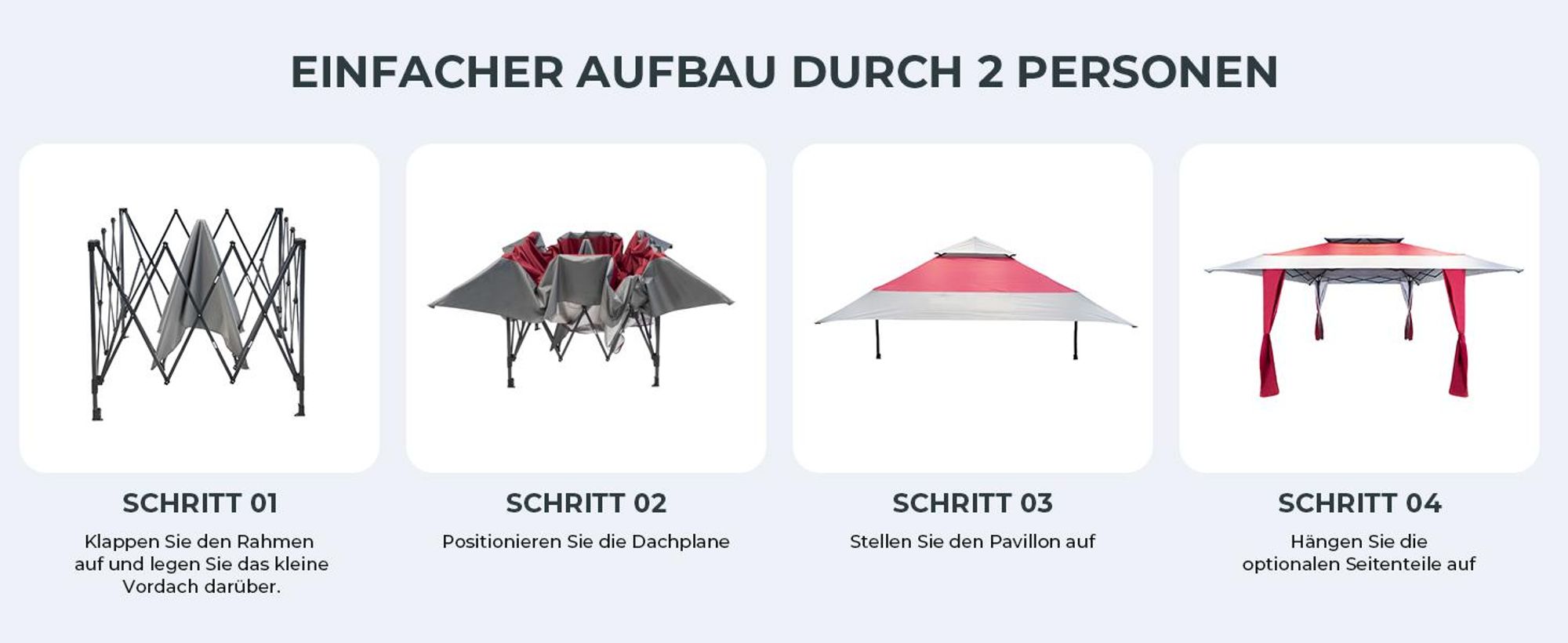 paramondo Faltpavillon Weekend, 4 x 4 m Dach / 3 x 3 m Gestell / anthrazit + 4 Stützenverkleidungen wasserdichtes Doppeldach, 3x3 m Stahlgestell, UV 50+, anthrazit/bordeaux + Transporttasche mit Rollen