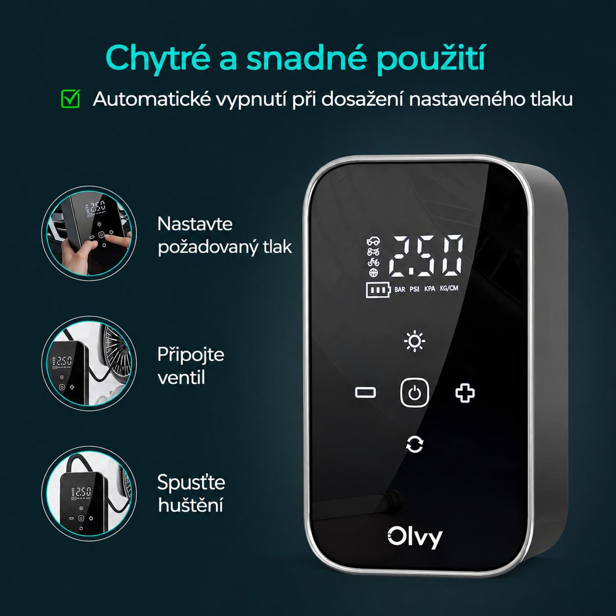 Olvy Elektrická vzduchová pumpa s powerbankou 6000 mAh - 12V mini kompresor do auta, na kolo, míče, nafukovací matrace, displej, LED, automatické vypnutí