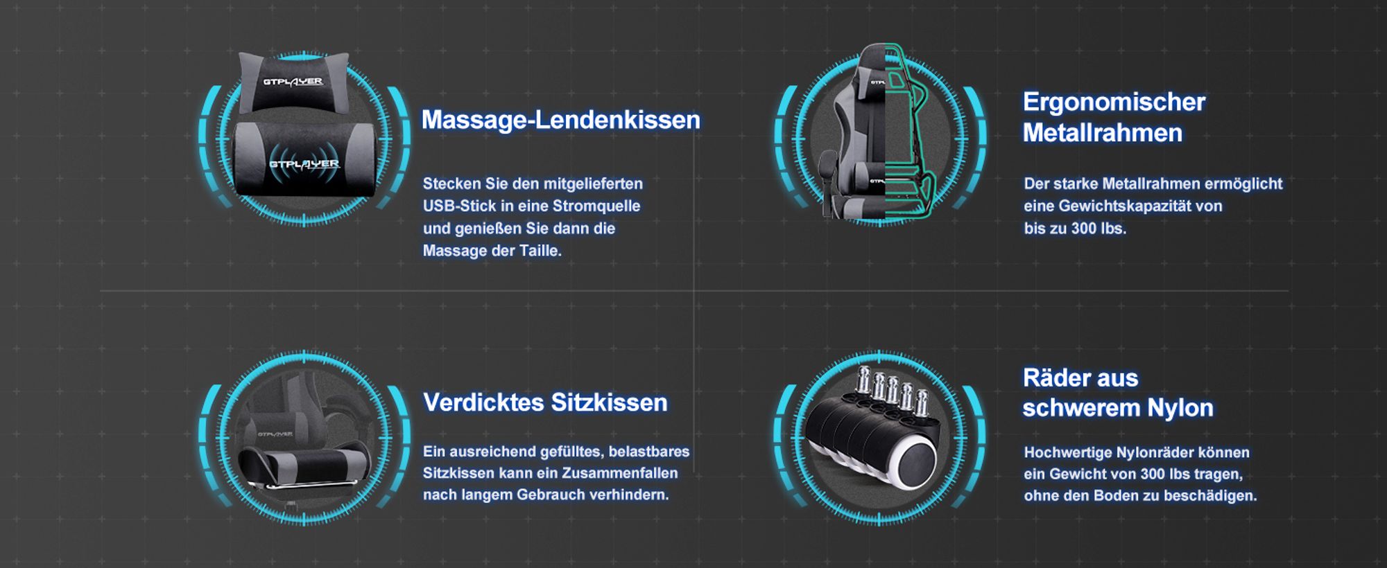 GTPLAYER Bürostuhl Gaming Stuhl Stoff Gaming Sessel Ergonomischer Gamer Stuhl mit Fußstütze, Kopfstütze Lendenkissen, Gepolstert Gaming Chair, grau