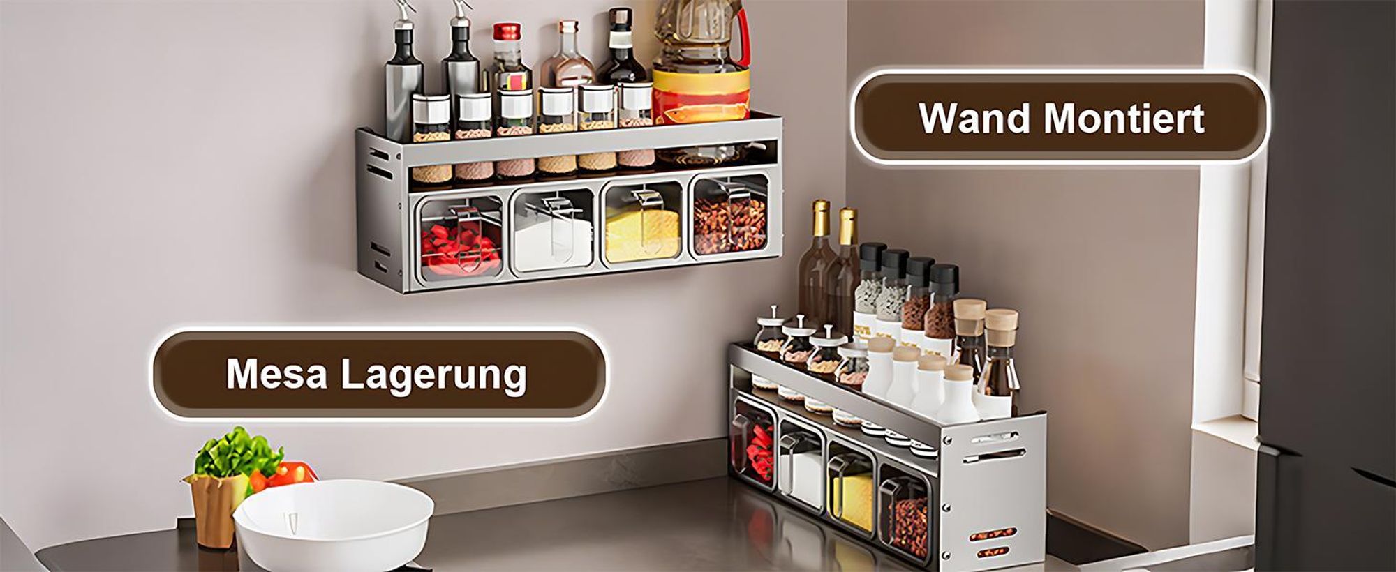 Gewürzregale, Gewürzregal mit Gewürzdosen, Küchenorganizer-Set, Hängendes Küchenregal, Gewürzständer, Gewürzhalter, Gewürz-Organizer, Ohne Bohren