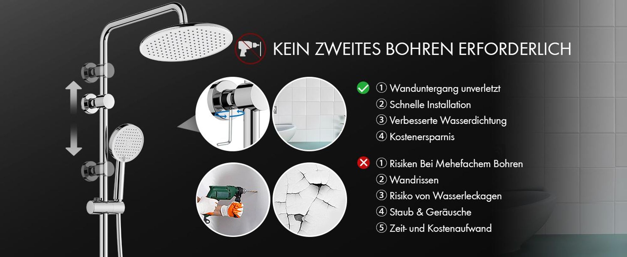 Homelody Duschsystem mit armatur, duscharmatur komplettset mit LED-Anzeige, regendusche mit 250MM kopfbrause und Handbrause, Chrom