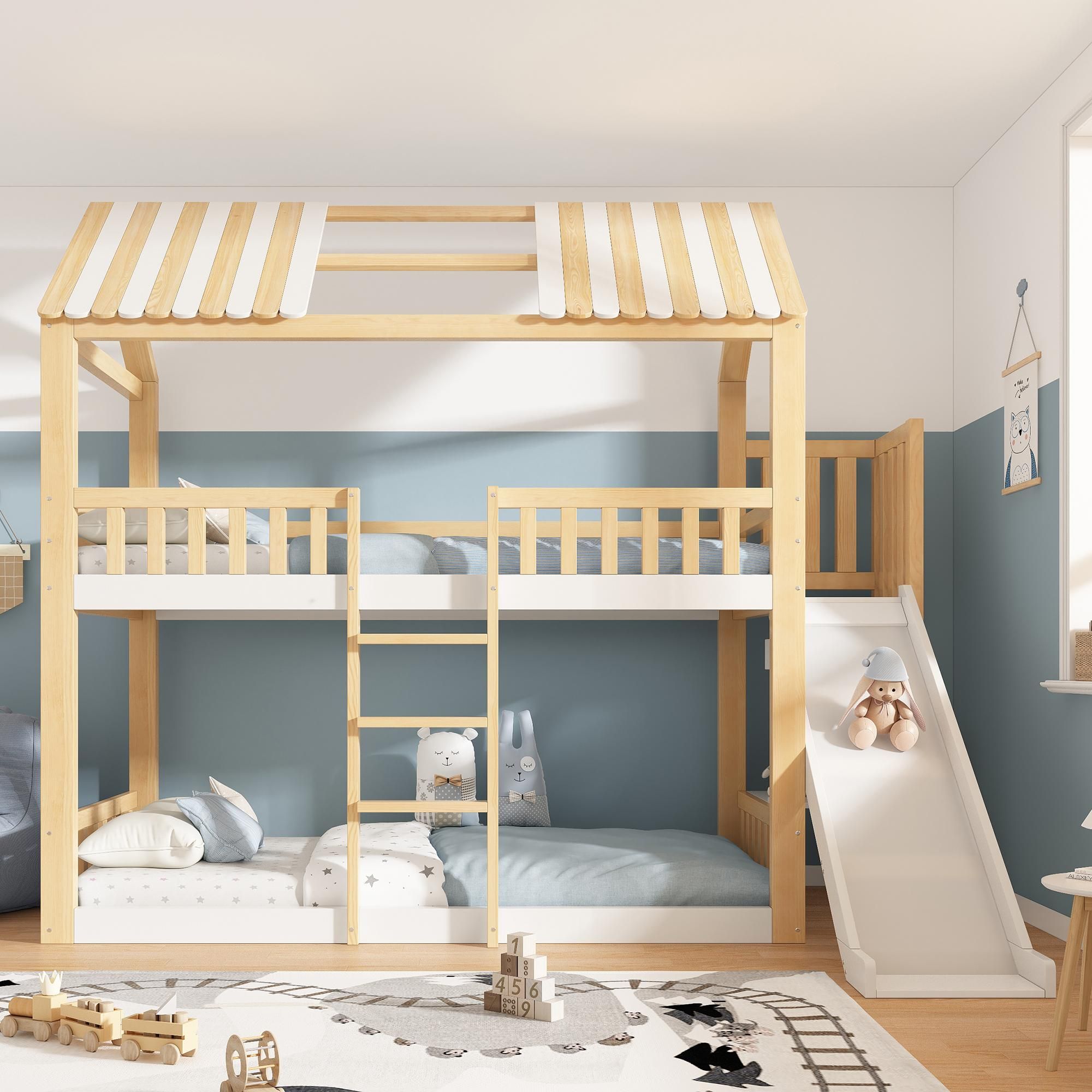 Flieks Etagenbett 90x200cm mit Rutsche, Kinderbett Hausbett mit Dach, Kinder Hochbett mit Regal und Leiter, Stockbett Einzelbett Naturbelassen