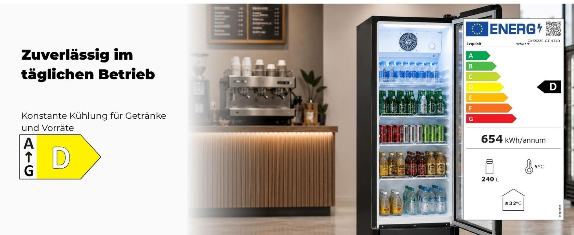 Exquisit Glastürkühlschrank, 240l Getränkekühlschrank mit LED, Umluft, 4 verstellbare Ablagen, CoolPro, GKS5220-GT-431D schwarz