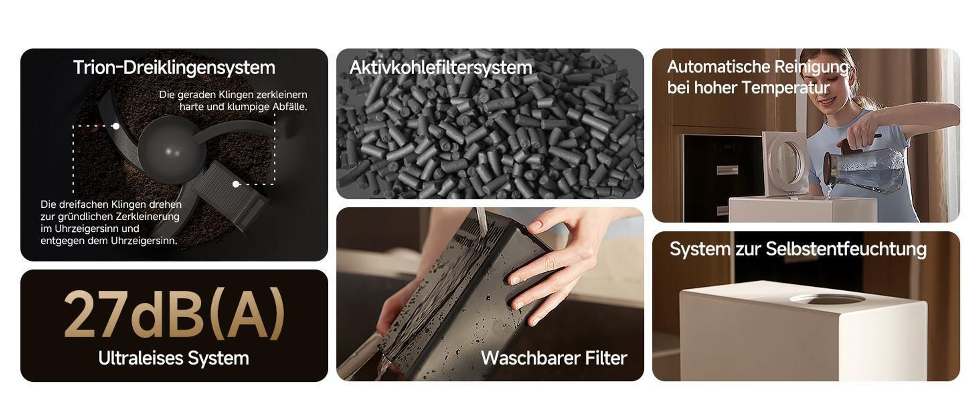 Dreame SF25 Küchenabfallzerkleinerer, Trion Dreiklingensystem, Aktivkohlefilter, Geruchskontrolle, Selbstreinigung bei hohen Temperaturen,2.5L,27dBA