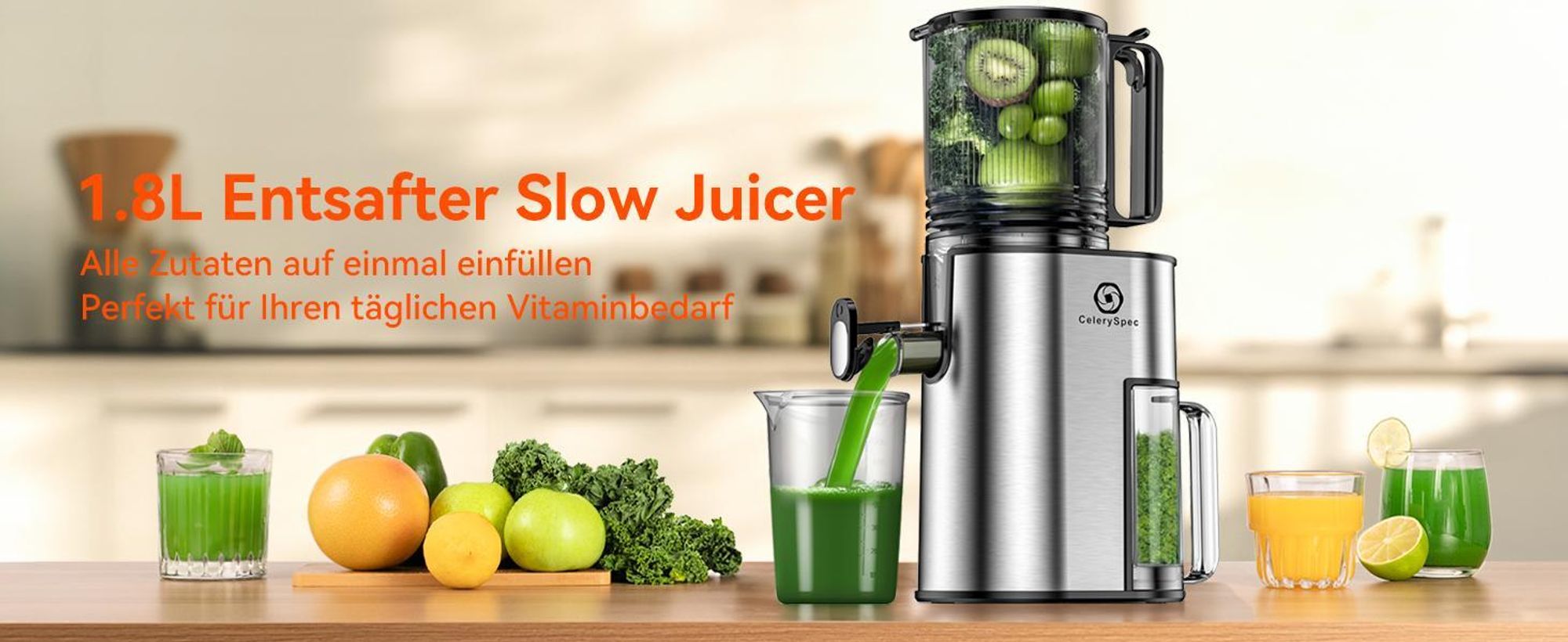 CelerySpec SJ-048-EU-SS Entsafter - Für Ganze Gemüse und Obst 250W Leistung 1.8L Kapazität Saftpresse lebensmittelechtes Material Edelstahl 130 mm Einfüllöffnung Rücklauffunktion - Silber