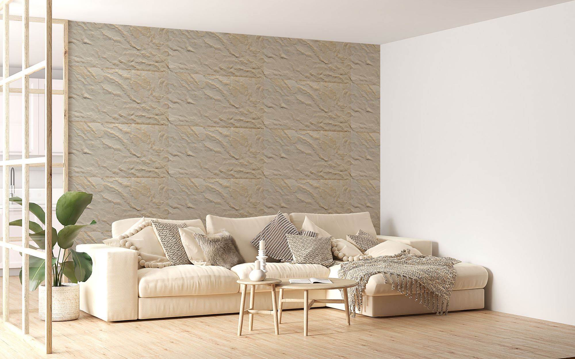 DECCART | 3D Deckenplatten | Beige-goldene Wandpaneele | Boulder 19 | Felsimitation | 100x50cm | 0,5m2