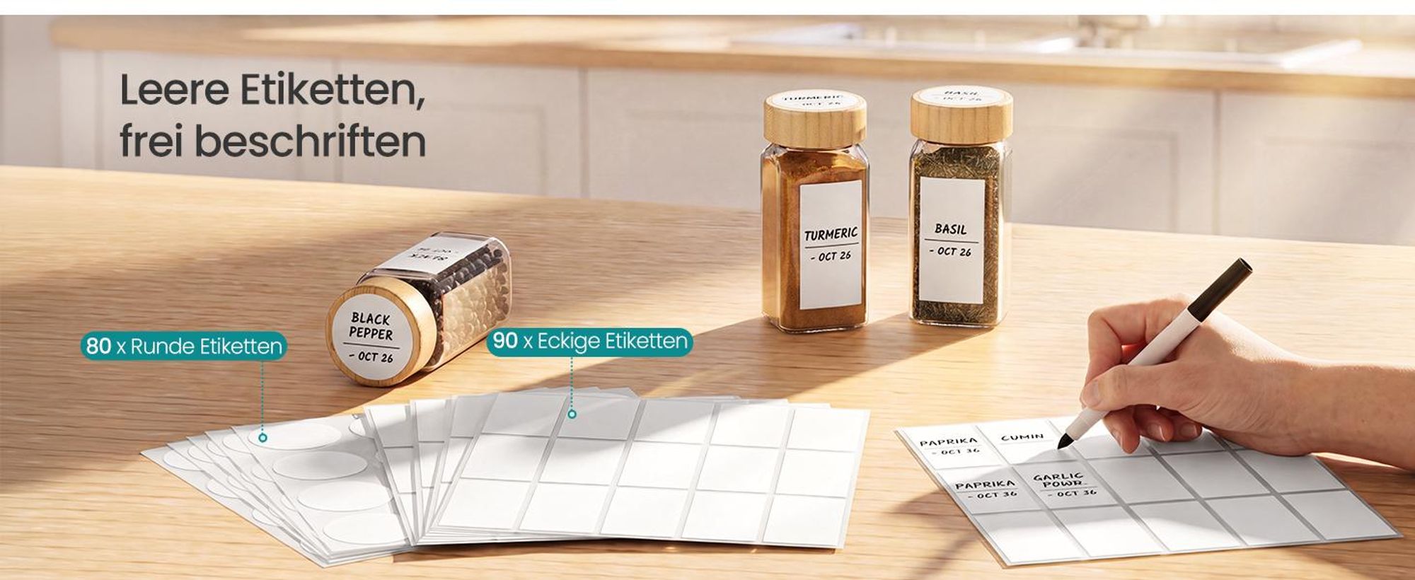 SONGMICS Gewürzgläser 24er Set, Eckige Gewürzdosen aus Glas, Luftdicht mit Etiketten, 120 ml, 4,5 x 4,5 x 10,5 cm, Naturbeige
