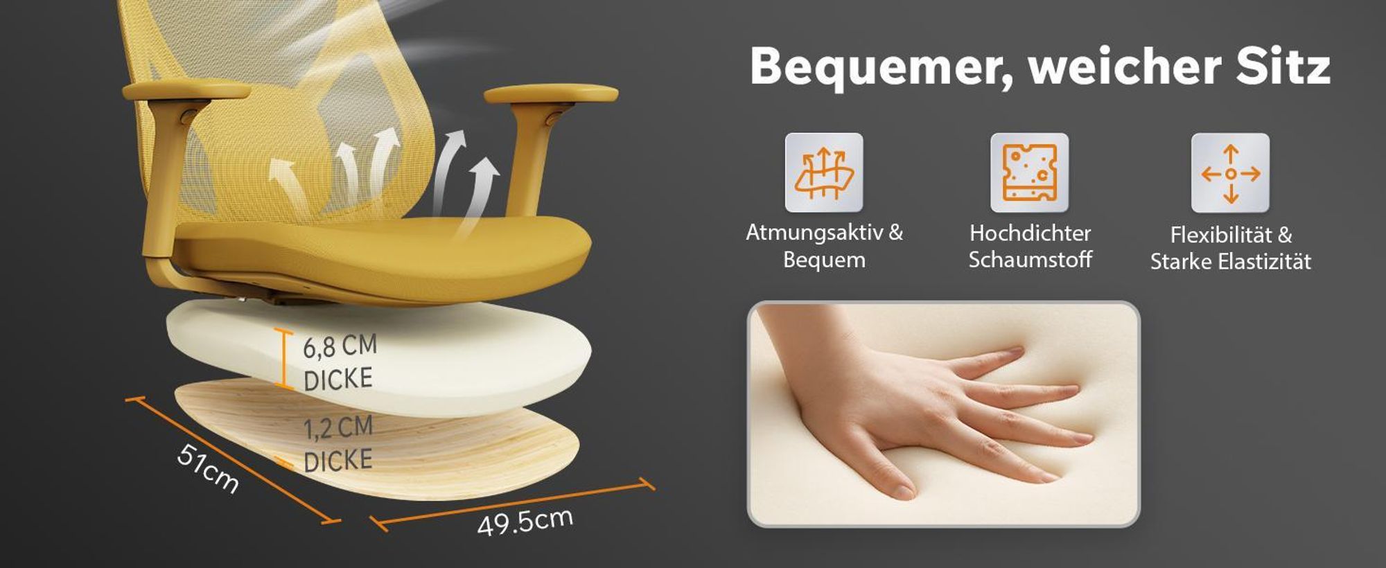 SENSE7 Moyo Ergonomischer Bürostuhl Schreibtischstuhl Gelb 3D-Armlehnen Netzrücken Lendenwirbelstütze Chefsessel Homeoffice PC Stuhl 150 kg