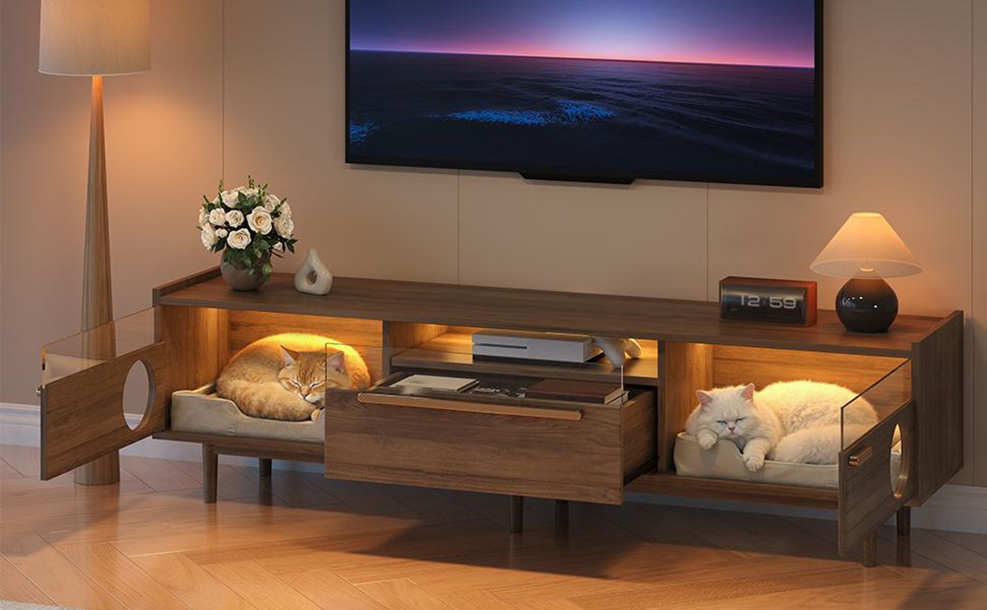 Merax TV-Schrank mit Katzenhöhle, LED-Beleuchtung, TV Lowboard Katzenschrank mit 2 Türen, Schubladen, TV-Schränke, Katzenhaus, 180x40x50 cm, Nussbaum