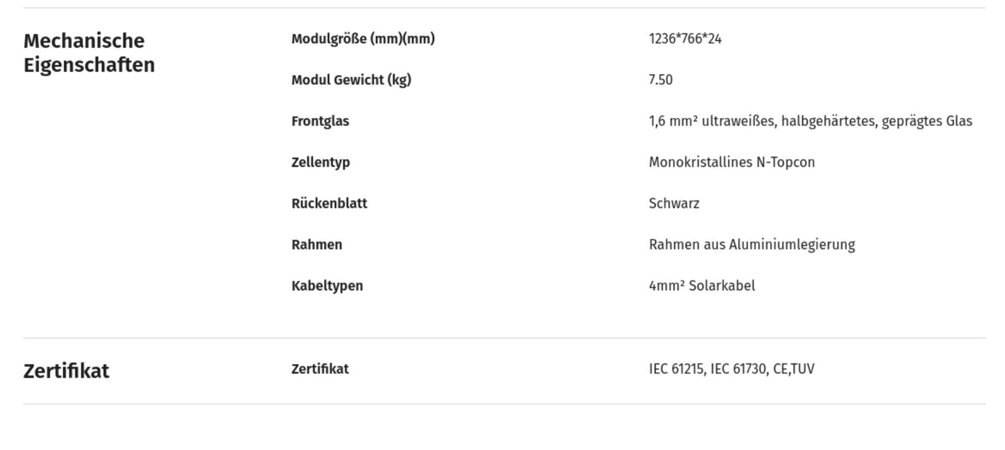 Mechanische Eigenschaften des Sunshare RAY 200W Full Black Solarmoduls