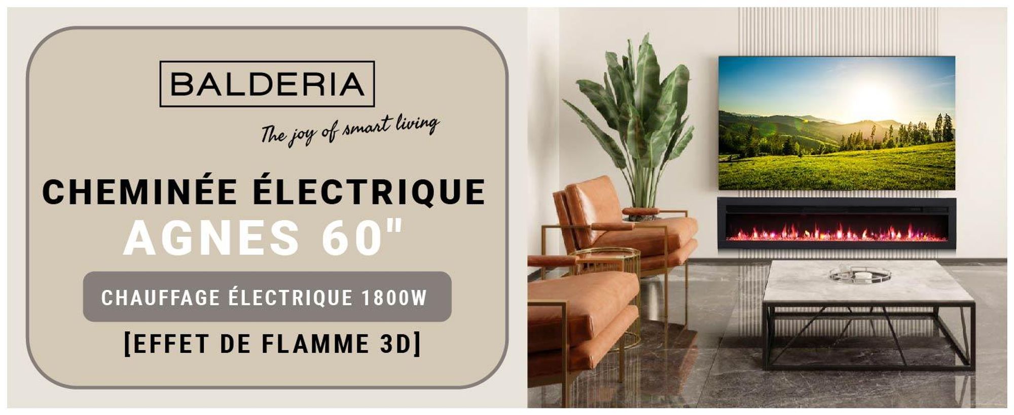 Cheminée électrique encastrable BALDERIA Agnes 60 – Puissance de chauffage jusqu'à 1 800 W, noire