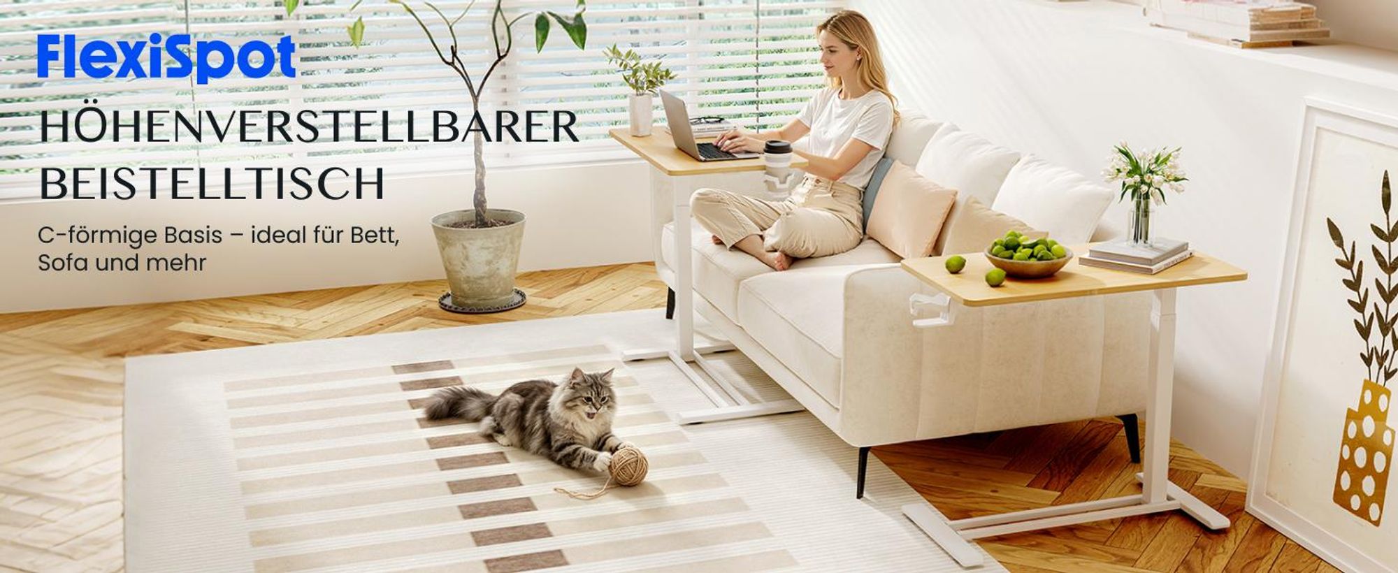 FLEXISPOT Schreibtisch, Beistelltisch Höhenverstellbar in C-Form, Laptoptisch mit Rollen, 66–106 cm, Nachttisch, für Bett und Sofa, Ahorn