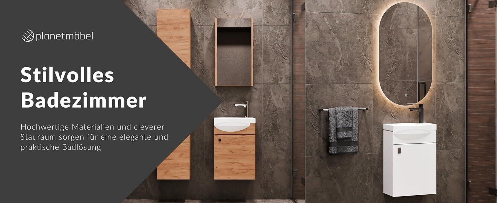 Planetmöbel Badmöbel-Set Waschtisch mit Unterschrank 40 cm & Midischrank 32 cm Weiß
