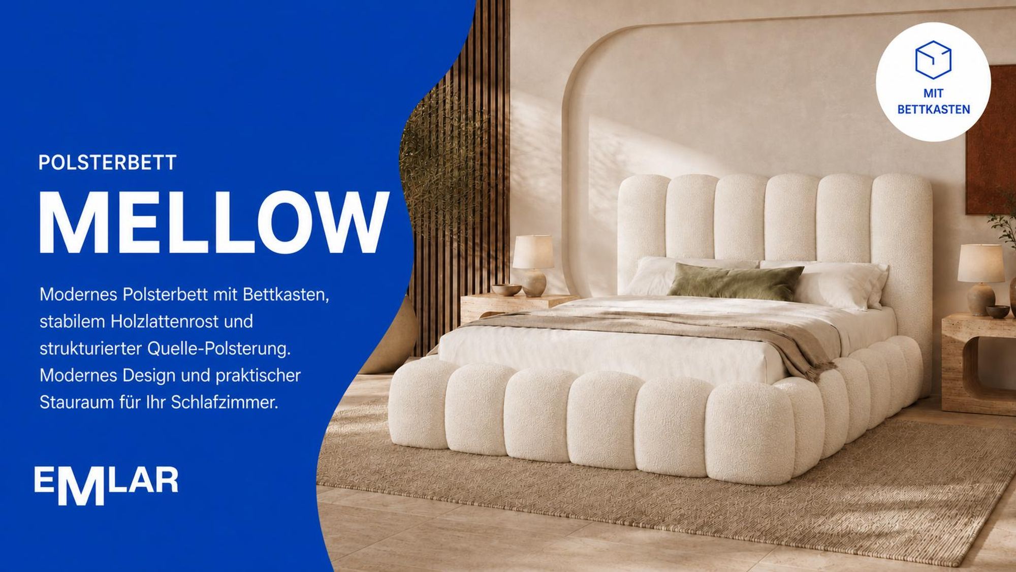 Produktvorteile des Polsterbetts MELLOW mit Bettkasten, Holzlattenrost und Quelle-Stoff