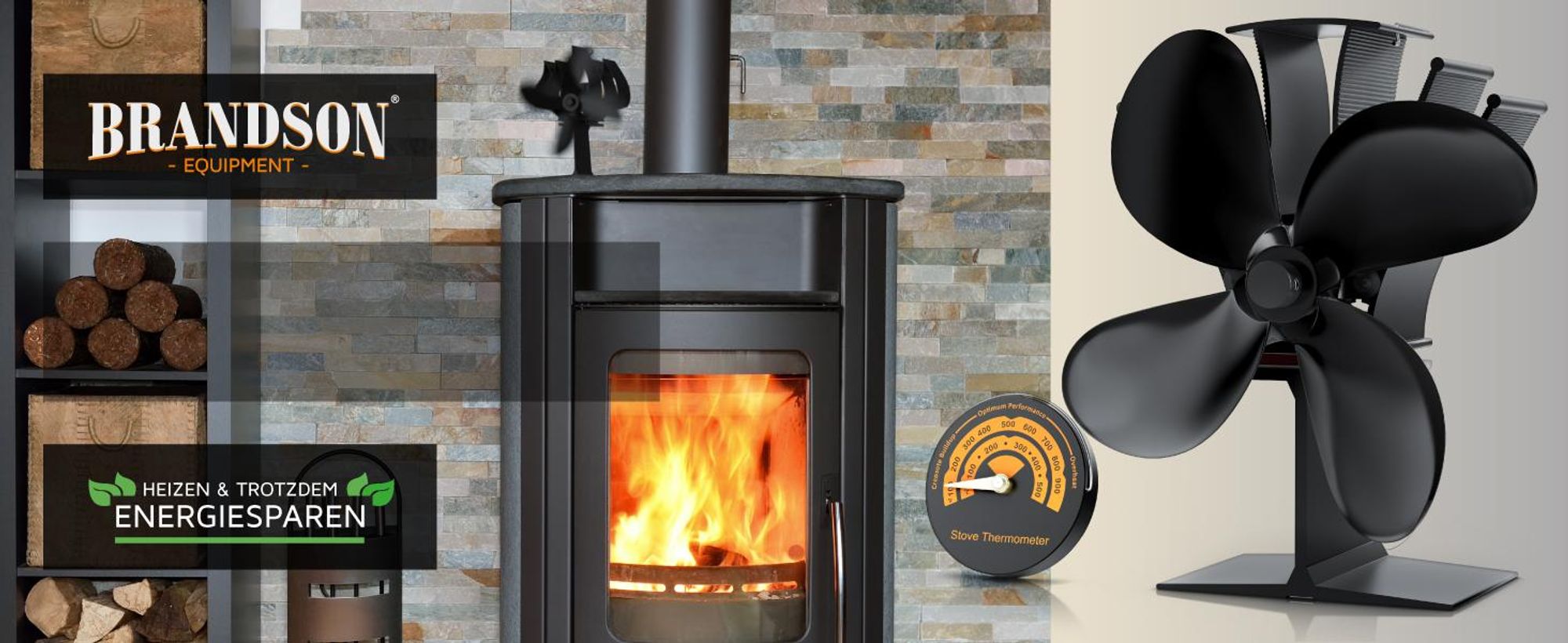 Brandson Kaminventilator NTV Sieger 2026, ohne Strom, Ofenventilator inkl. Thermometer für Kamin, Kaminöfen, Holzöfen, Öfen, 4 Flügel, leise