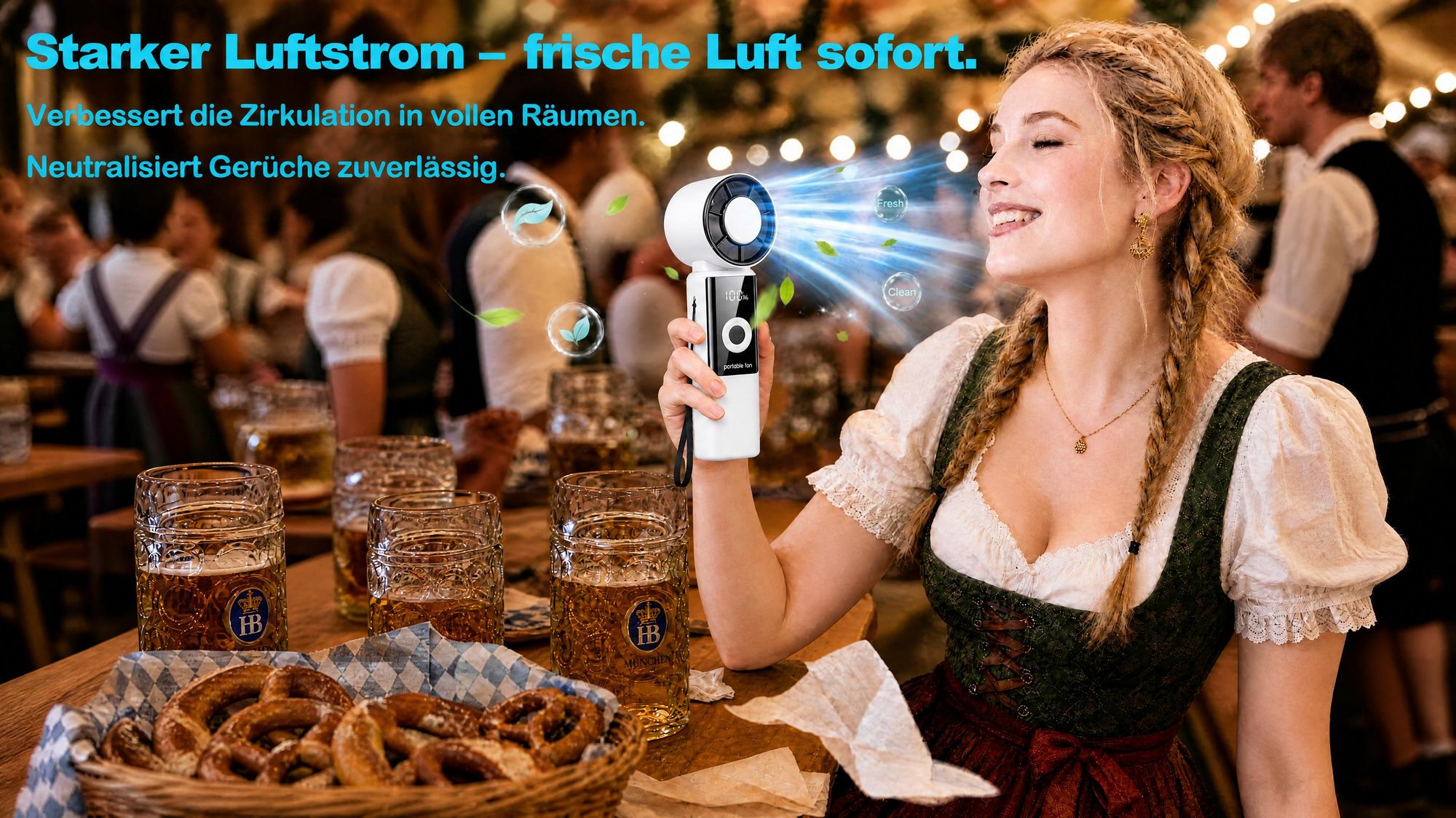 Tragbarer Handventilatoren USB, Faltbar Mini Ventilator Leise mit 4000 mAh Akku bis 16 Std. Laufzeit, LED-Display, 1-199 Geschwindigkeitsstufen, Weiß
