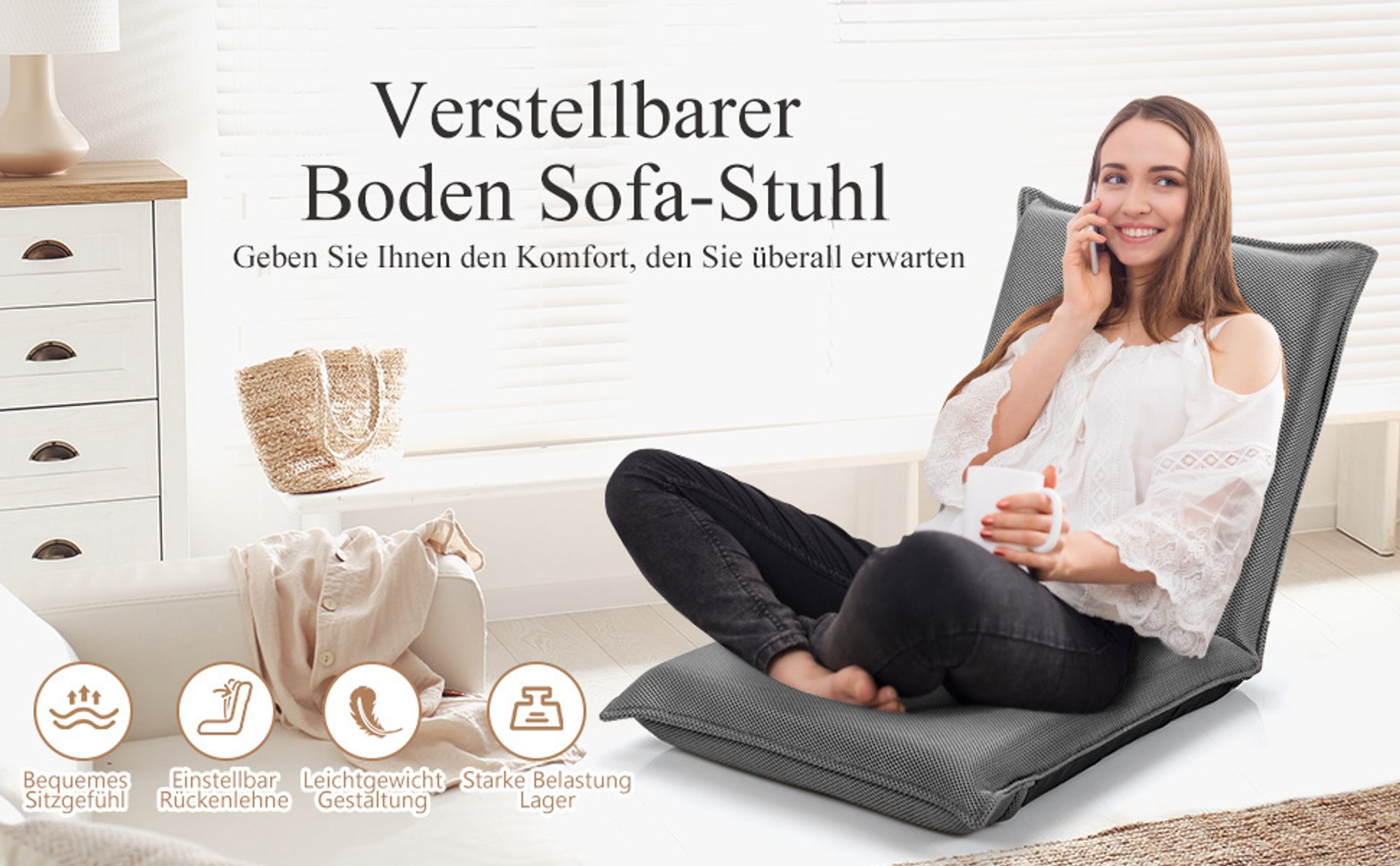 Bodenstuhl klappbar mit 6 Einstellbarer Rückenlehne, Bodensessel mit Liegefunktion, Lehnstuhl gepolstert (schwarz)