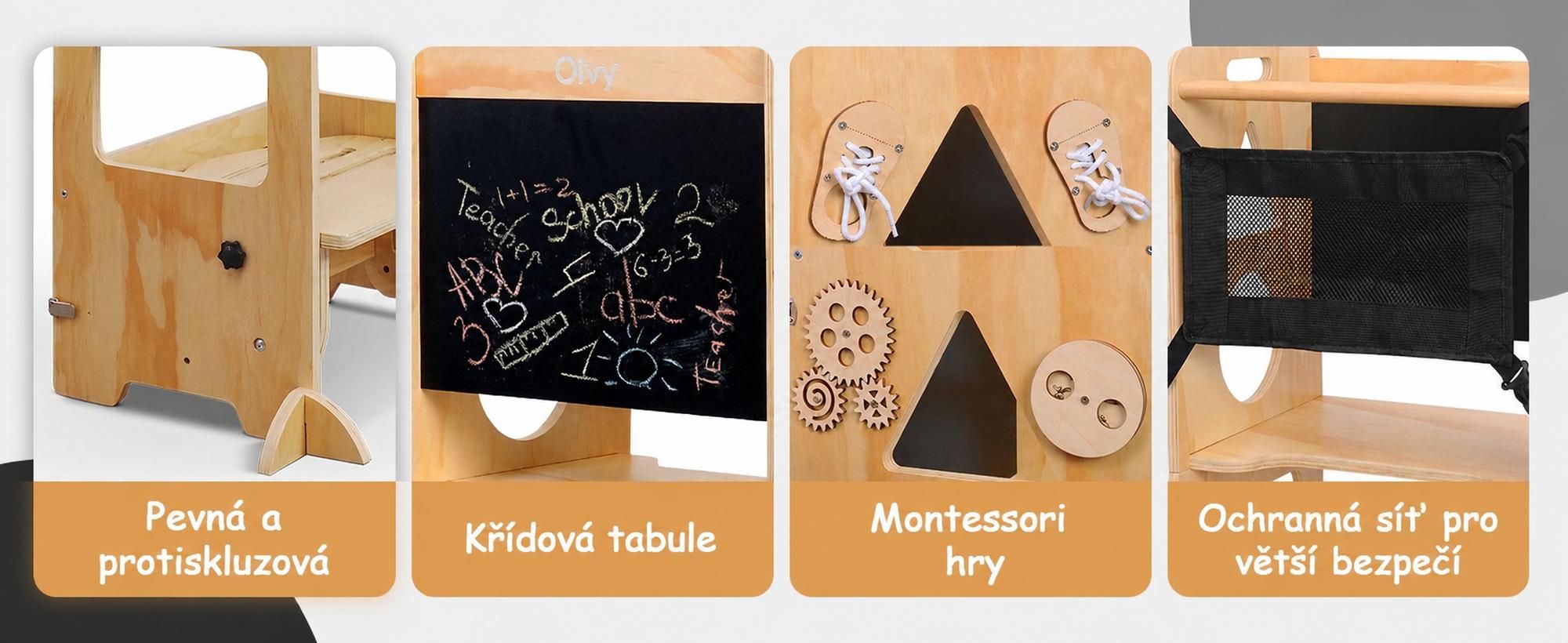 Učební věž Olvy pro děti, Montessori učební věž 3 v 1, učební věž od 1 roku, učební věž, kuchyňská věž pro děti, skládací dětské schody, dřevěný žebřík