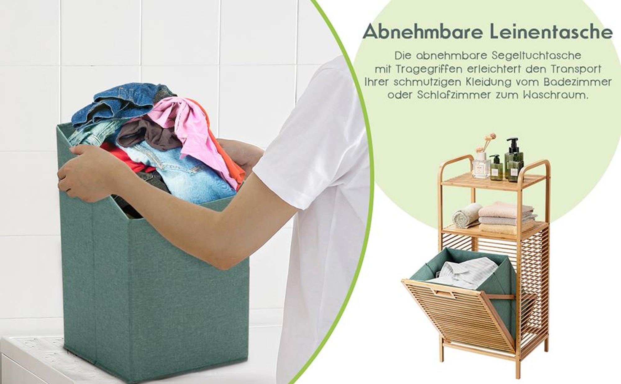 COSTWAY Badregal 40L mit Wäschekorb & ausklappbarem Wäschesack, Wäscheschrank Bambus, Badezimmerregal groß 40,5x33x95,5cm Grün