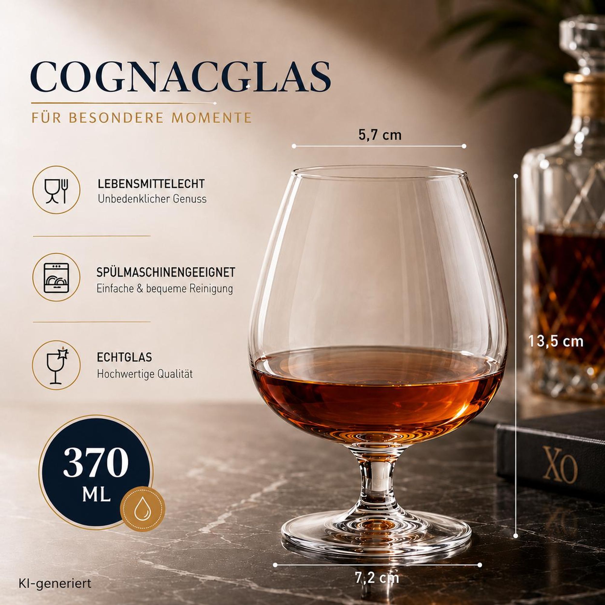 8er Set Cognacgläser 370 ml – Bauchige Cognacschwenker aus Glas – Brandygläser für Cognac & Spirituosen – Spülmaschinenfest – Bar Gläser Set