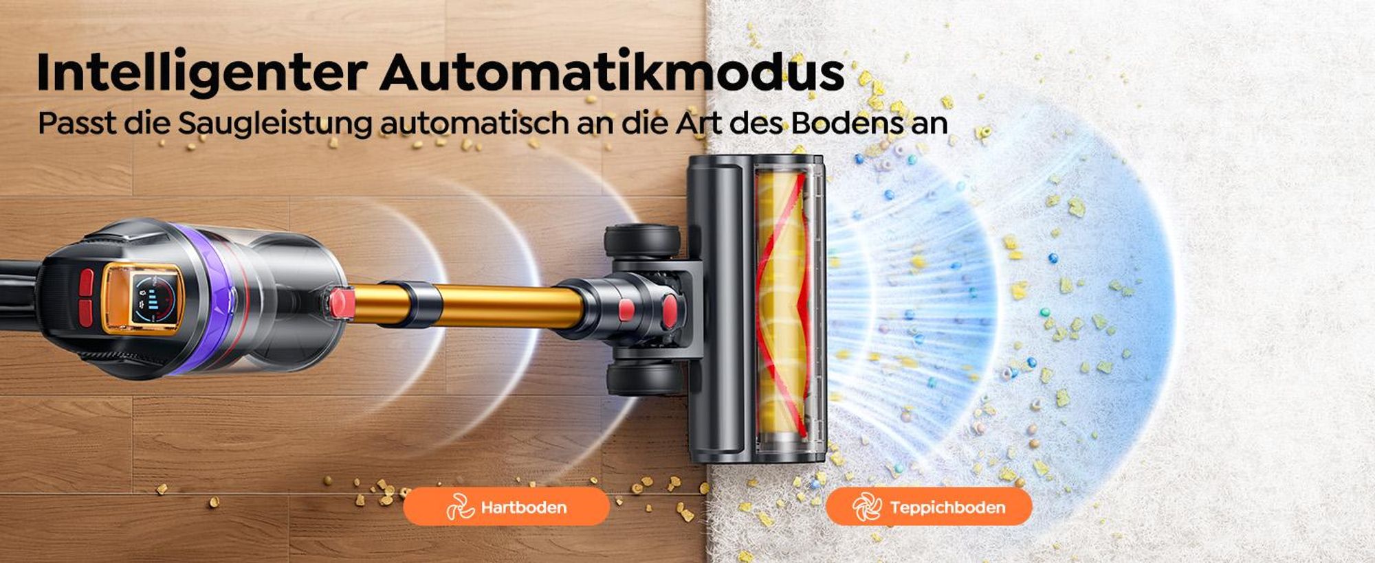Buture VC90 Akku Staubsauger, 650W/65.000pa Staubsauger Kabellos mit Touchscreen, Bis zu 60 Min Laufzeit, Kabelloser Anti-Tangle-Staubsauger