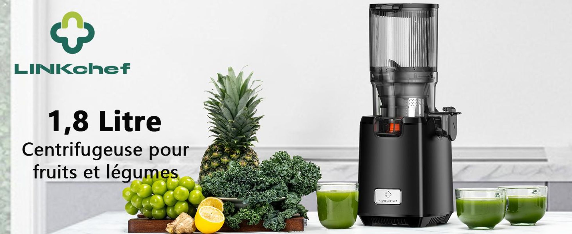 LINKChef SJ-052-EU-BL Centrifugeuse -  250W Puissance 1.8L Grande capacité Pression à froid à vitesse lente (50-65 tr/min) - Noir