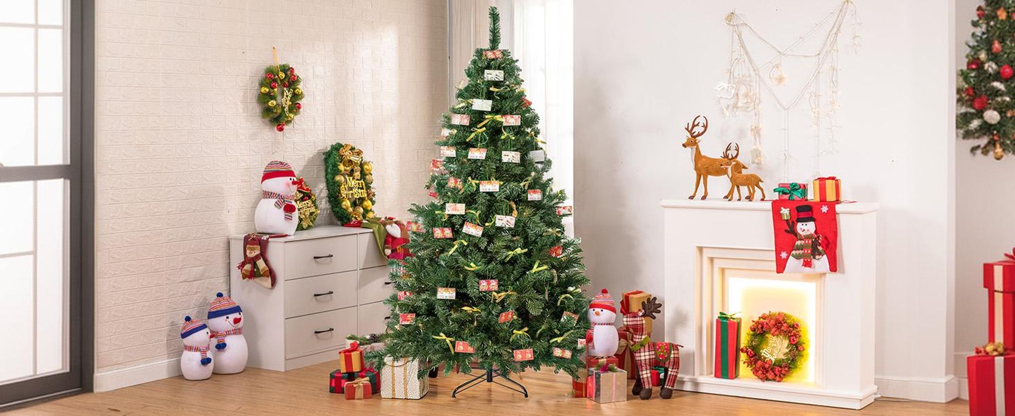 COMHOMA Künstlicher Weihnachtsbaum Weihnachtsdeko 195cm PVC Material mit 910 Spitzen Thickened Branches Foldable mit dekorativen Schleifen & Grußkar