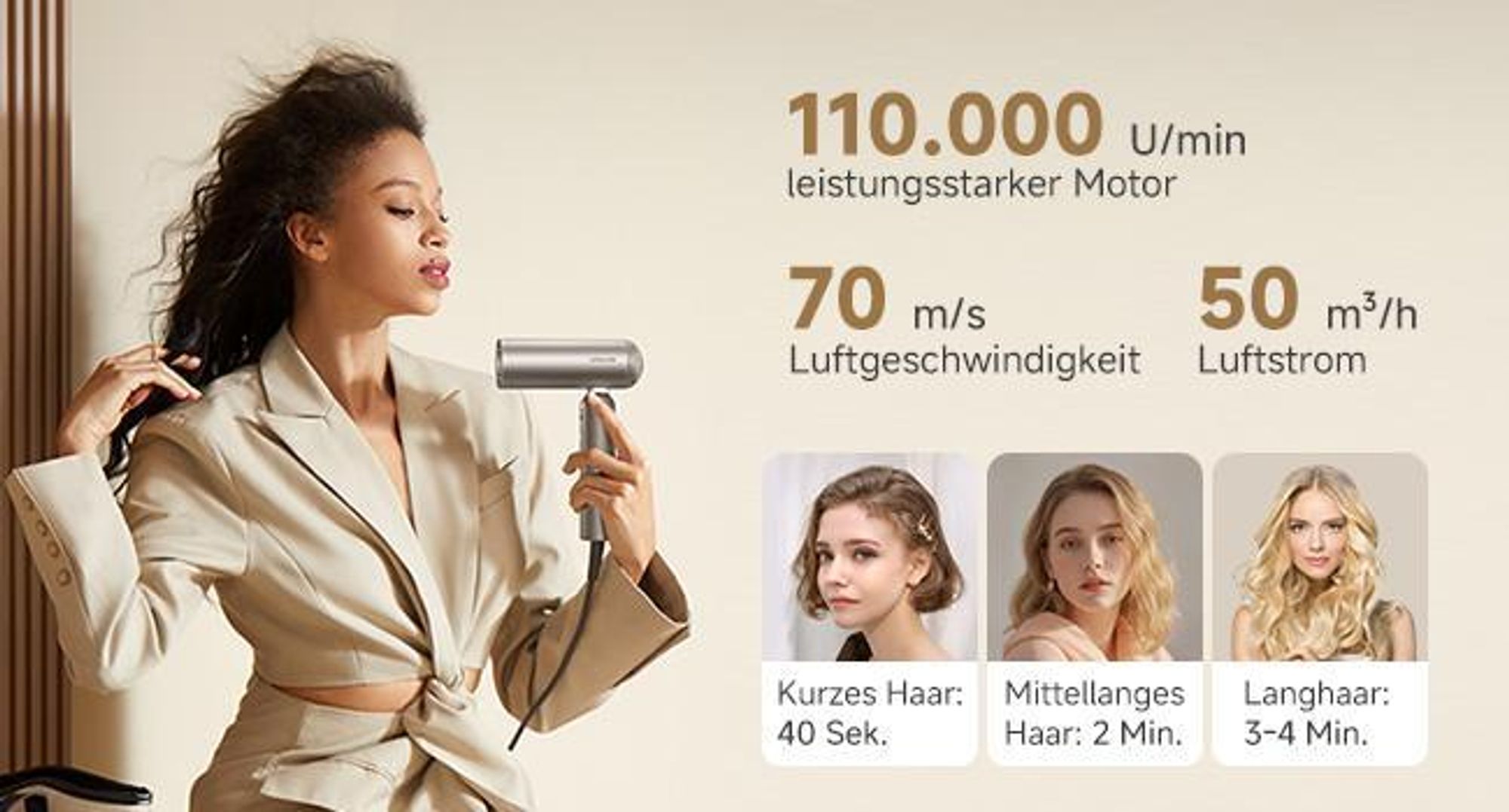 DREAME Pocket Pro Haartrockner,3 klappbare Formen,300g,110K U/min Motor,300M negative Ionen/cm³,konstant 57°C,40s NTC-Trocknung,2026 Neue Version,Gold